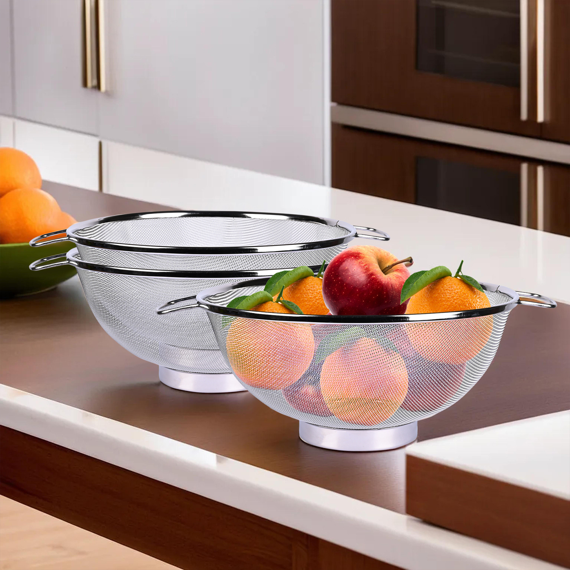 Kuber Industries Fruit Basket | Stainless Steel Vegetables Strainer | Multipurpose Fruit Basket | Colander Basket for Pasta-Noodles-Grains | Mesh Basket with Handle | 8 Inch | Silver