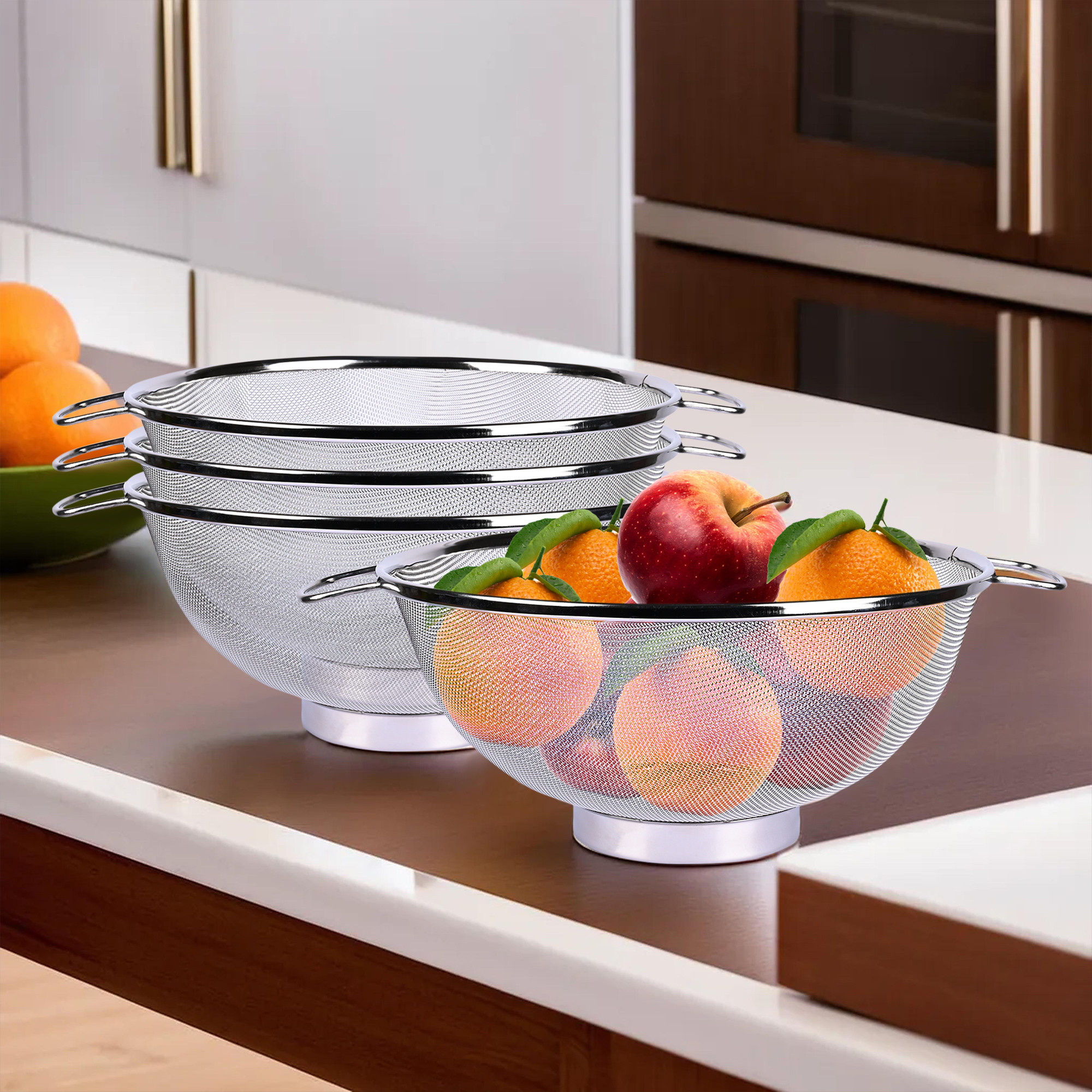 Kuber Industries Fruit Basket | Stainless Steel Vegetables Strainer | Multipurpose Fruit Basket | Colander Basket for Pasta-Noodles-Grains | Mesh Basket with Handle | 8 Inch | Silver
