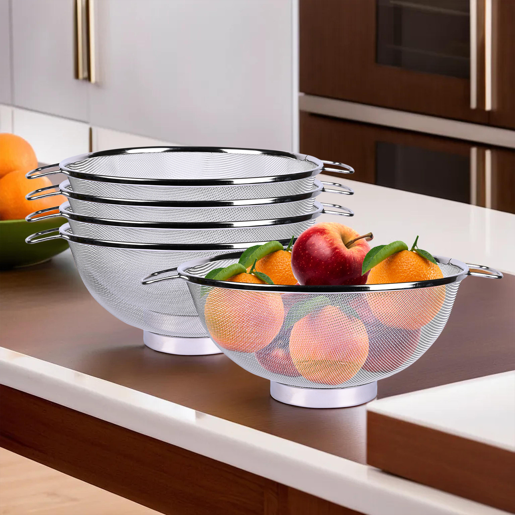 Kuber Industries Fruit Basket | Stainless Steel Vegetables Strainer | Multipurpose Fruit Basket | Colander Basket for Pasta-Noodles-Grains | Mesh Basket with Handle | 8 Inch | Silver