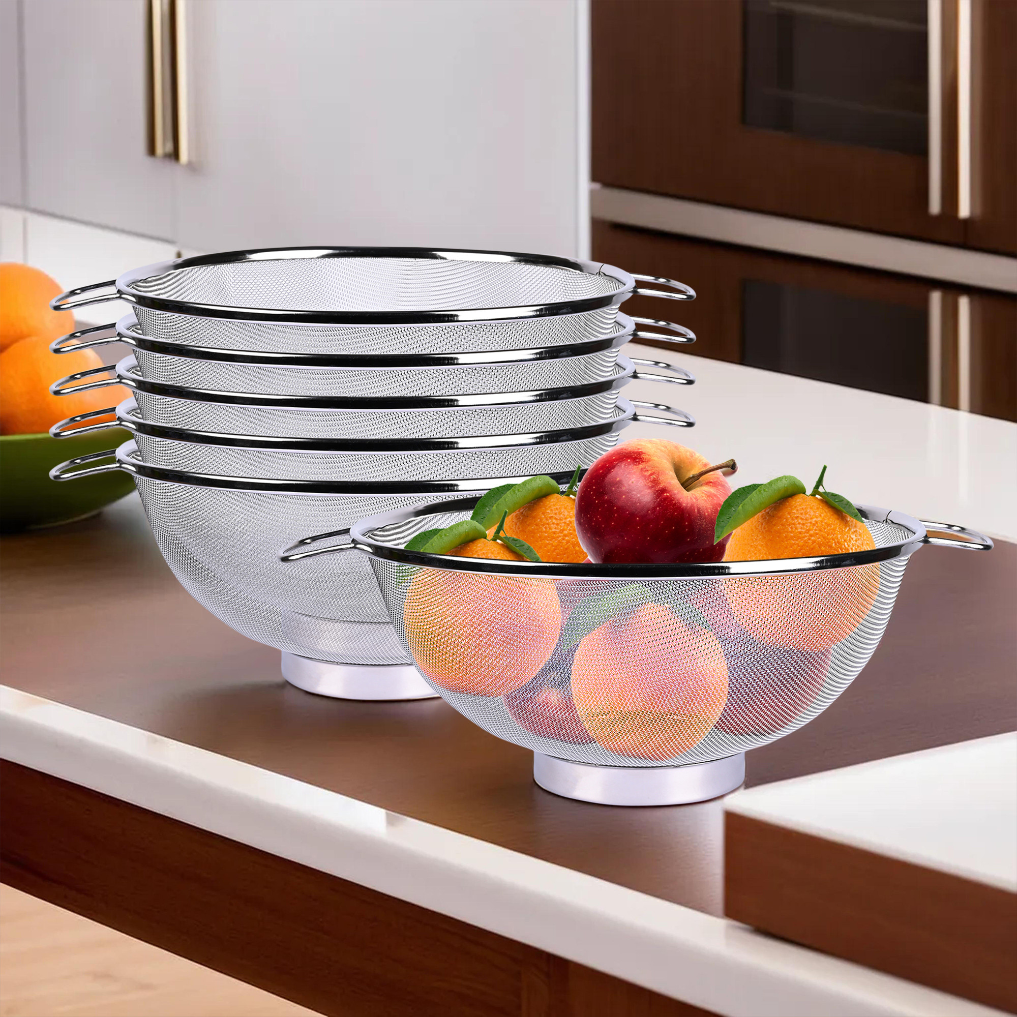 Kuber Industries Fruit Basket | Stainless Steel Vegetables Strainer | Multipurpose Fruit Basket | Colander Basket for Pasta-Noodles-Grains | Mesh Basket with Handle | 8 Inch | Silver