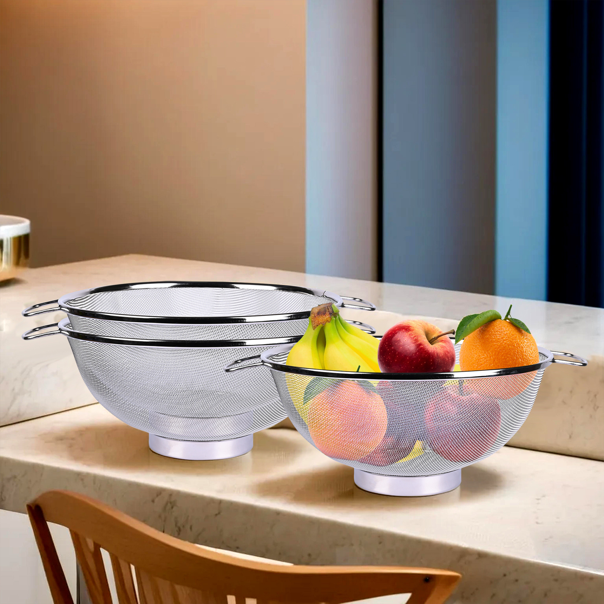 Kuber Industries Fruit Basket  Stainless Steel Vegetables Strainer  Multipurpose Fruit Basket  Colander Basket for Pasta-Noodles-Grains  Mesh Basket with Handle  9 Inch  Silver