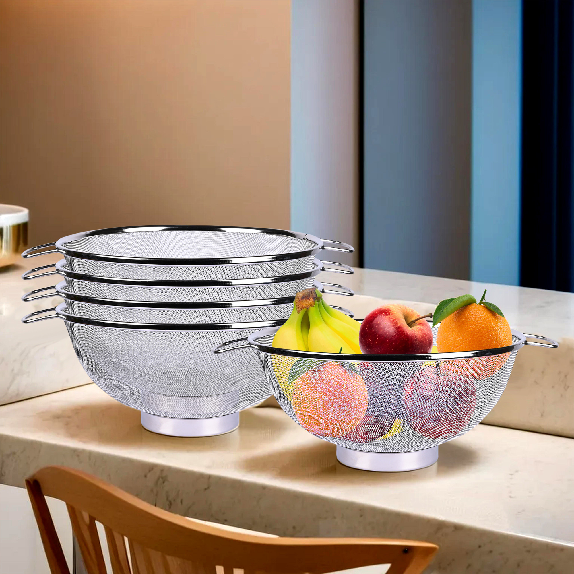 Kuber Industries Fruit Basket  Stainless Steel Vegetables Strainer  Multipurpose Fruit Basket  Colander Basket for Pasta-Noodles-Grains  Mesh Basket with Handle  9 Inch  Silver