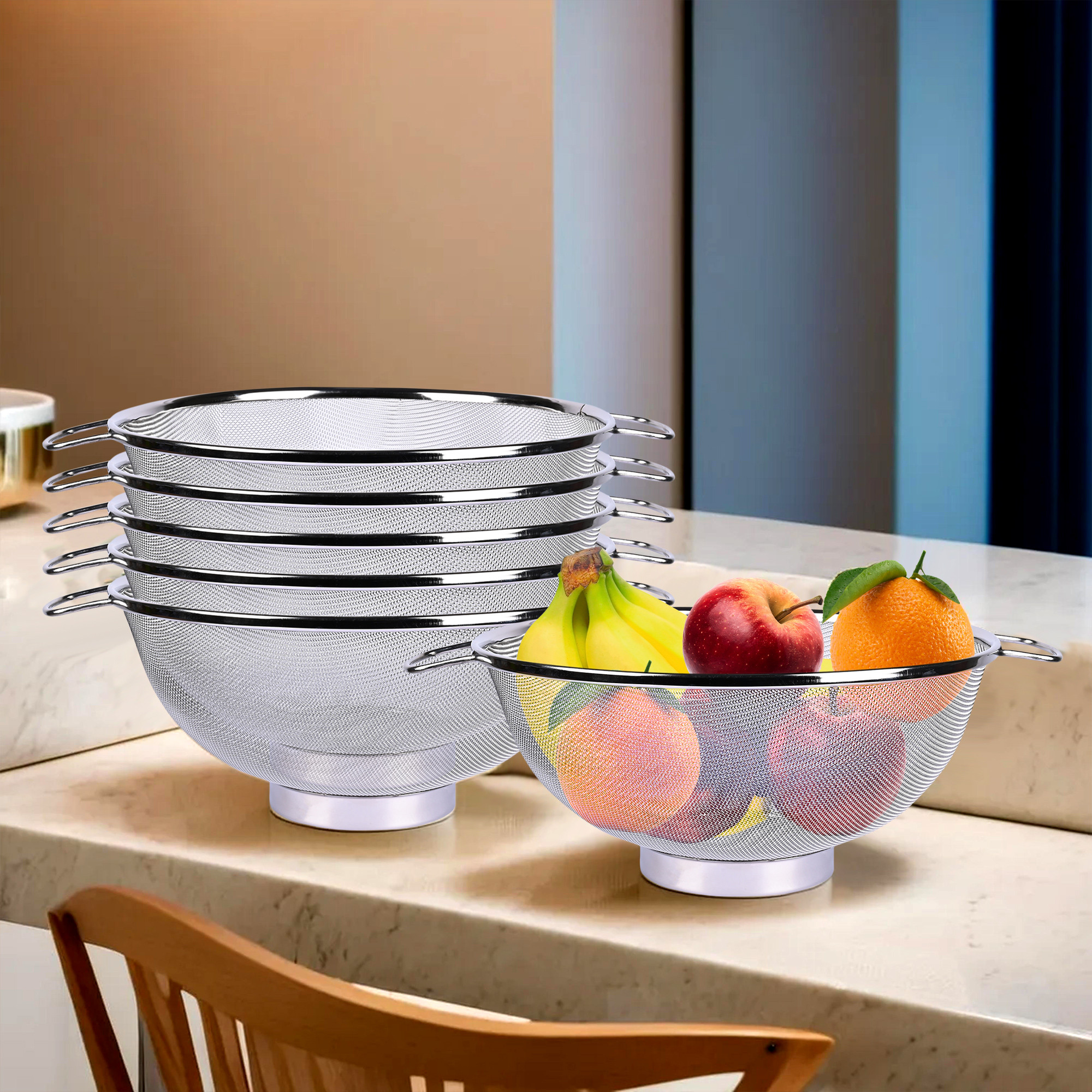 Kuber Industries Fruit Basket  Stainless Steel Vegetables Strainer  Multipurpose Fruit Basket  Colander Basket for Pasta-Noodles-Grains  Mesh Basket with Handle  9 Inch  Silver