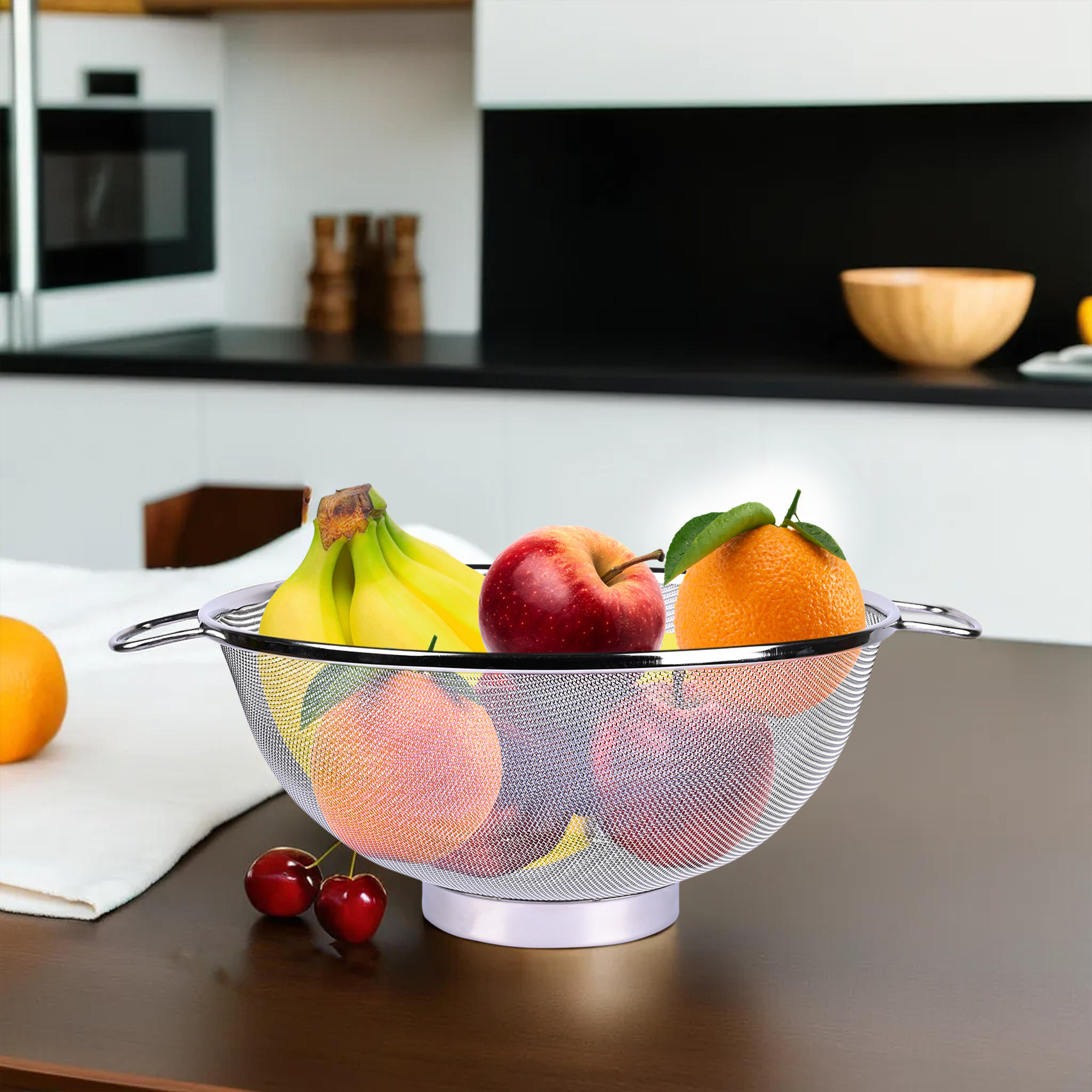 Kuber Industries Fruit Basket | Stainless Steel Vegetables Strainer | Multipurpose Fruit Basket | Colander Basket for Pasta-Noodles-Grains | Mesh Basket with Handle | 10 Inch | Silver