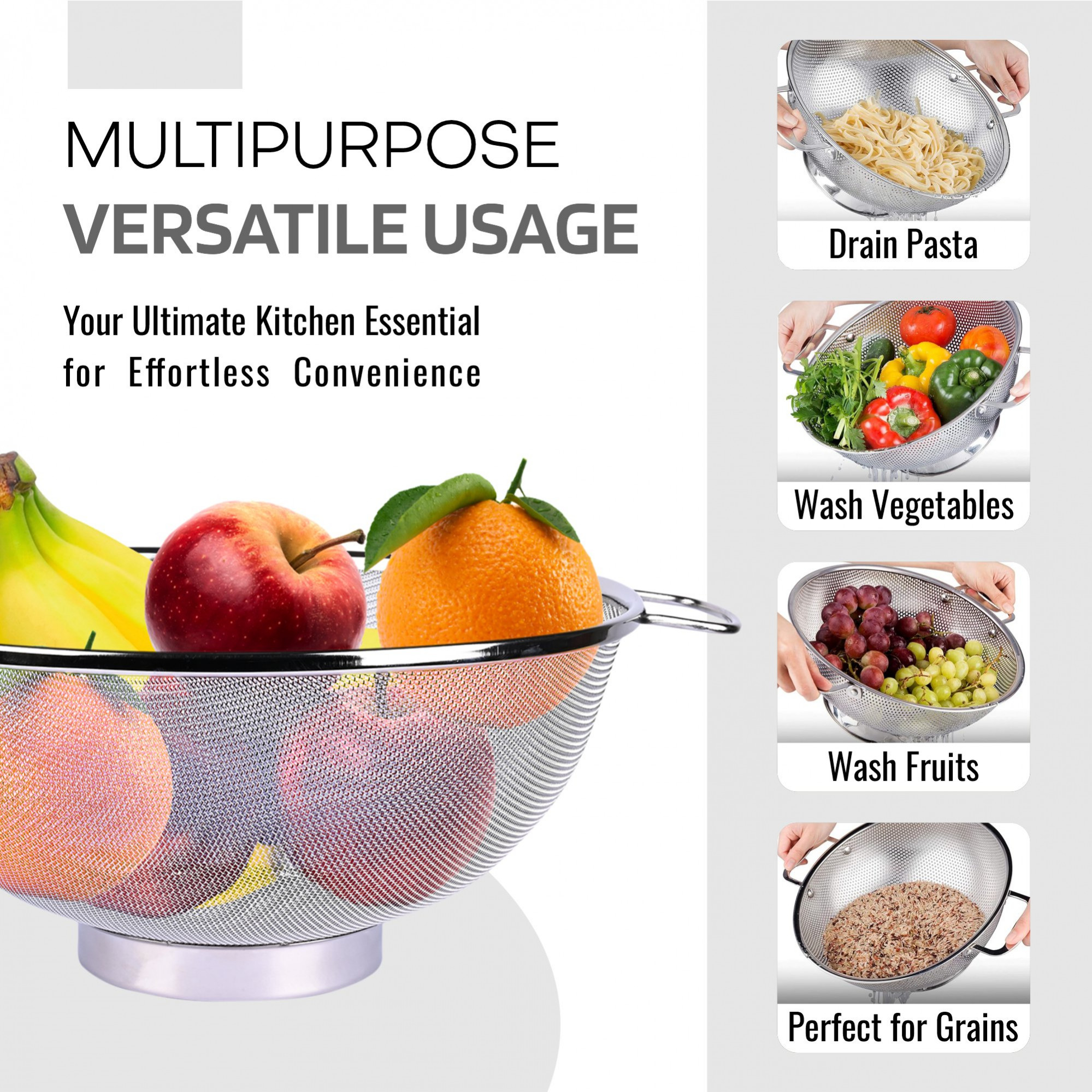 Kuber Industries Fruit Basket | Stainless Steel Vegetables Strainer | Multipurpose Fruit Basket | Colander Basket for Pasta-Noodles-Grains | Mesh Basket with Handle | 10 Inch | Silver