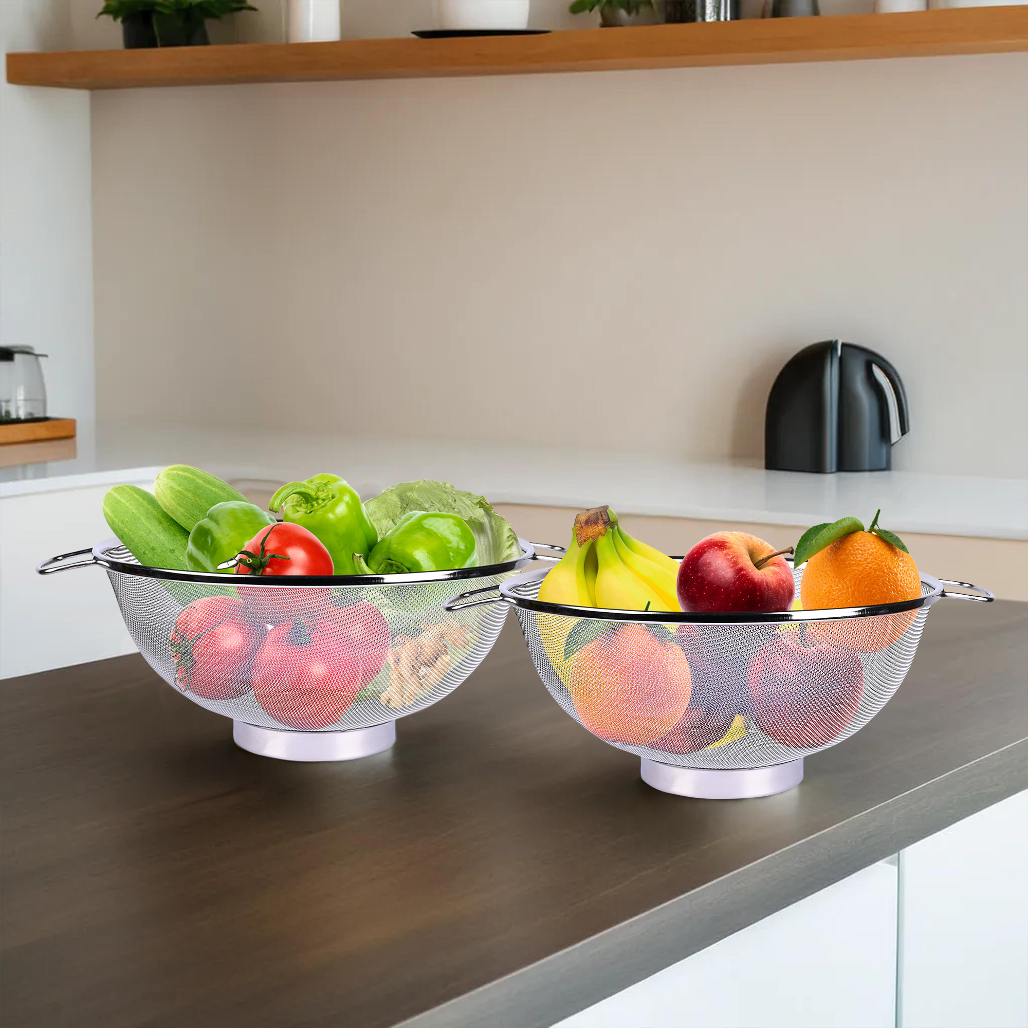 Kuber Industries Fruit Basket | Stainless Steel Vegetables Strainer | Multipurpose Fruit Basket | Colander Basket for Pasta-Noodles-Grains | Mesh Basket with Handle | 10 Inch | Silver