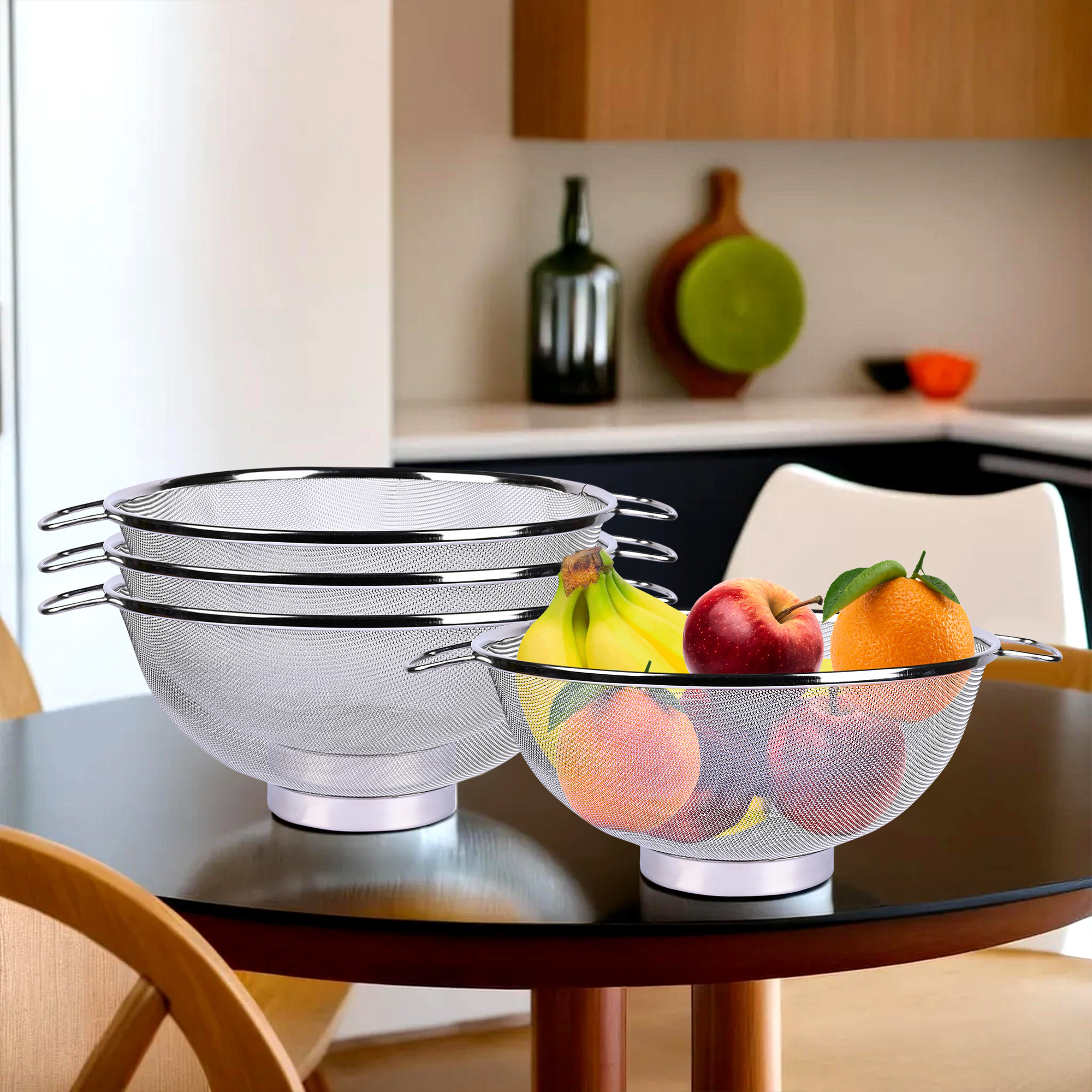 Kuber Industries Fruit Basket | Stainless Steel Vegetables Strainer | Multipurpose Fruit Basket | Colander Basket for Pasta-Noodles-Grains | Mesh Basket with Handle | 10 Inch | Silver