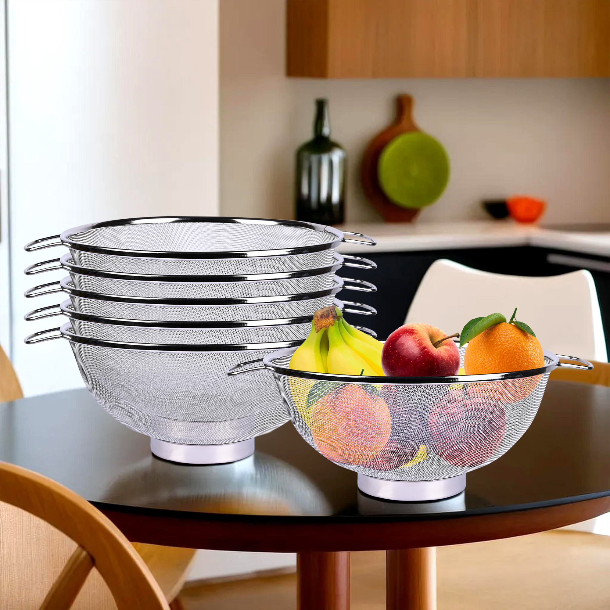 Kuber Industries Fruit Basket | Stainless Steel Vegetables Strainer | Multipurpose Fruit Basket | Colander Basket for Pasta-Noodles-Grains | Mesh Basket with Handle | 10 Inch | Silver