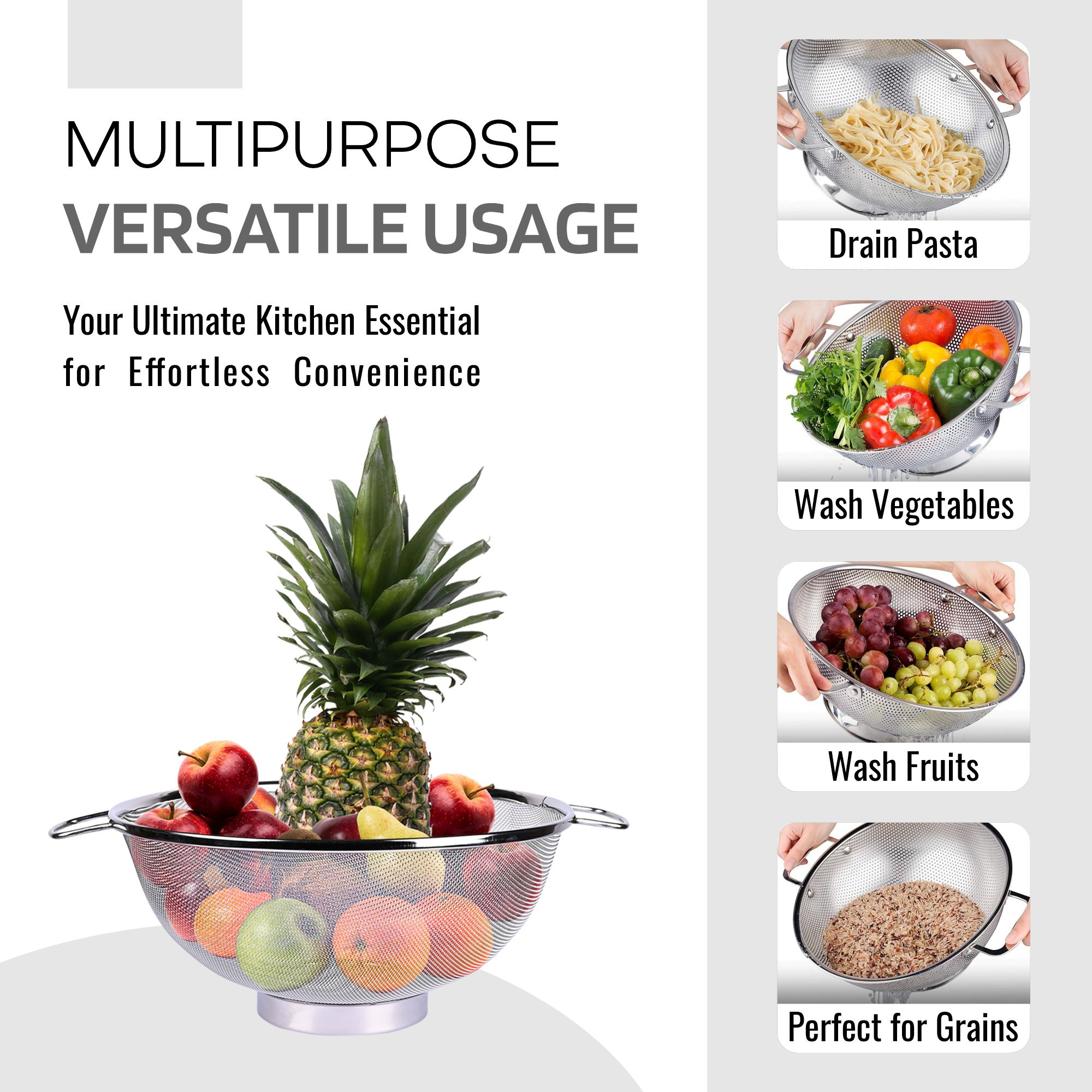 Kuber Industries Fruit Basket | Stainless Steel Vegetables Strainer | Multipurpose Fruit Basket | Colander Basket for Pasta-Noodles-Grains | Mesh Basket with Handle | 11 Inch | Silver
