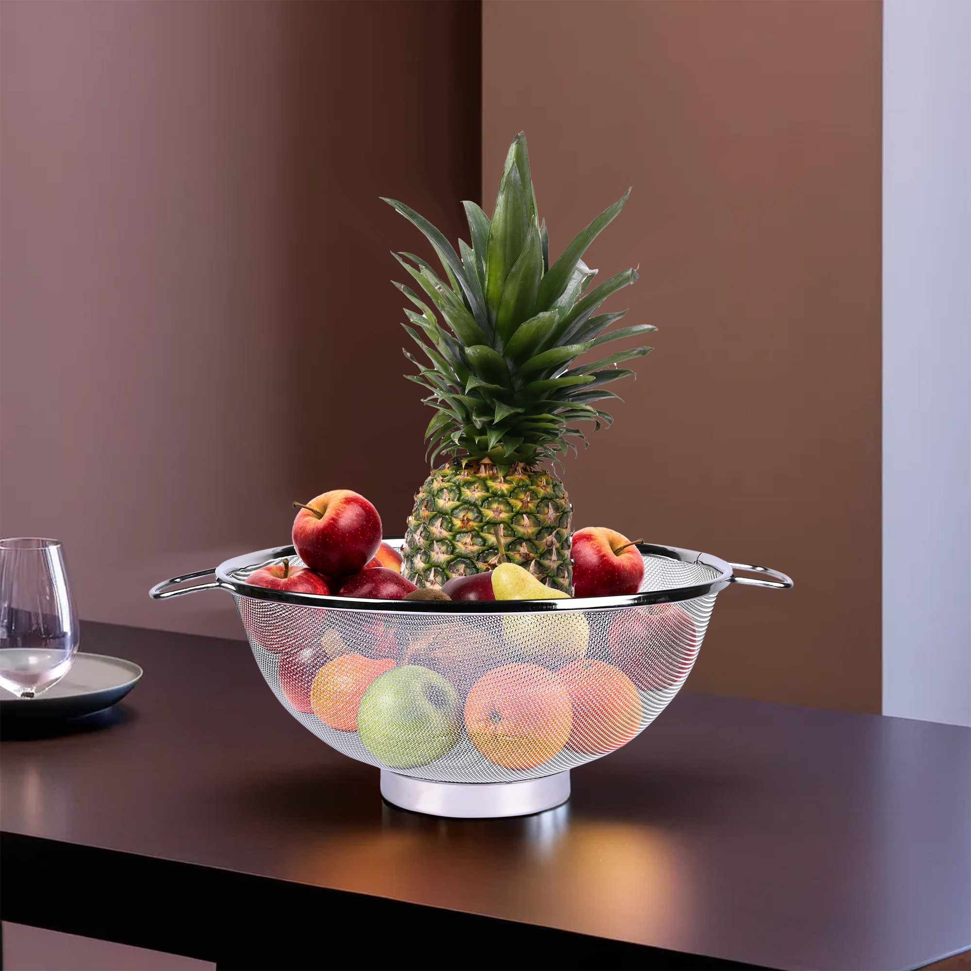Kuber Industries Fruit Basket | Stainless Steel Vegetables Strainer | Multipurpose Fruit Basket | Colander Basket for Pasta-Noodles-Grains | Mesh Basket with Handle | 12 Inch | Silver