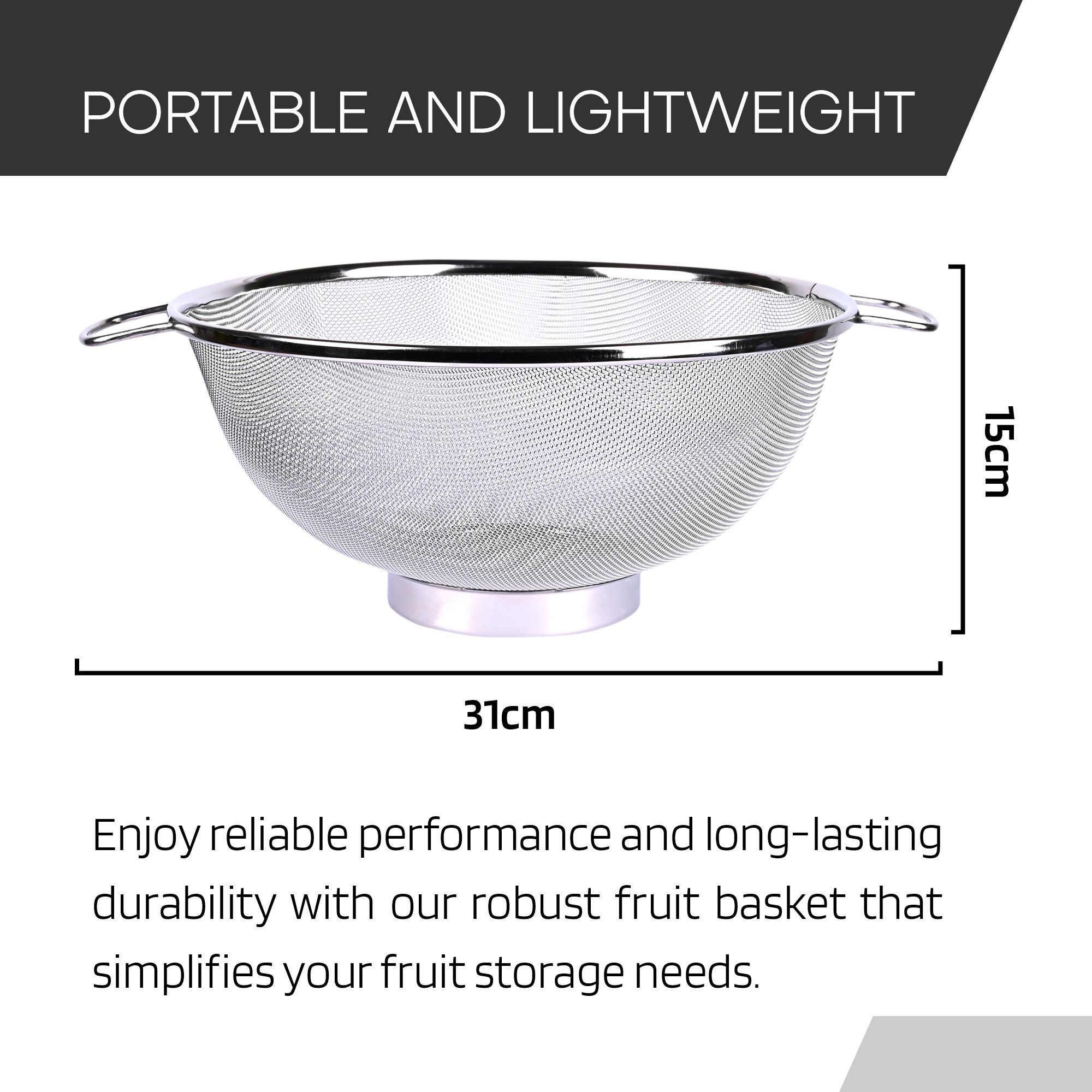 Kuber Industries Fruit Basket | Stainless Steel Vegetables Strainer | Multipurpose Fruit Basket | Colander Basket for Pasta-Noodles-Grains | Mesh Basket with Handle | 12 Inch | Silver