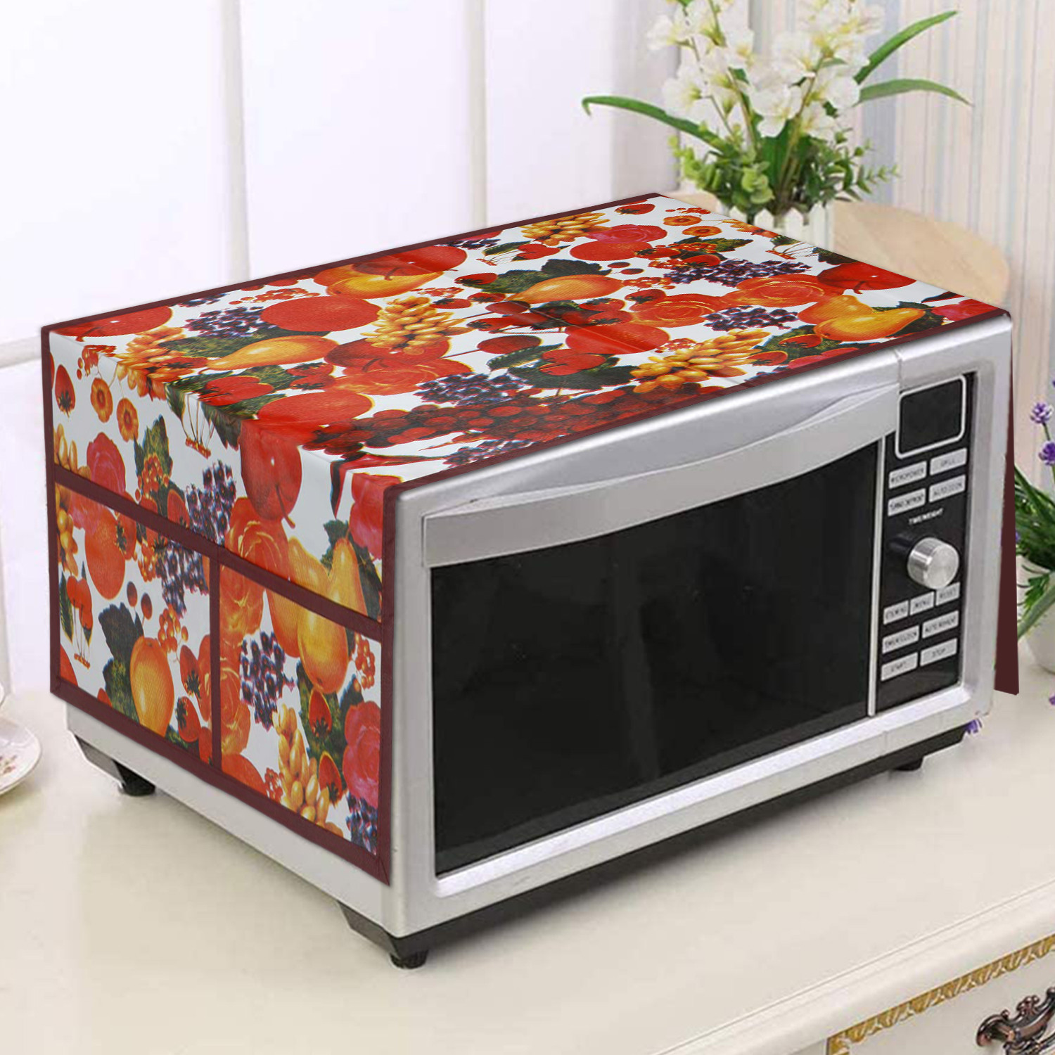 Kuber Industries Fruit Printed PVC Decorative Microwave Oven Top Cover With 4 Utility Pockets (Multicolor)