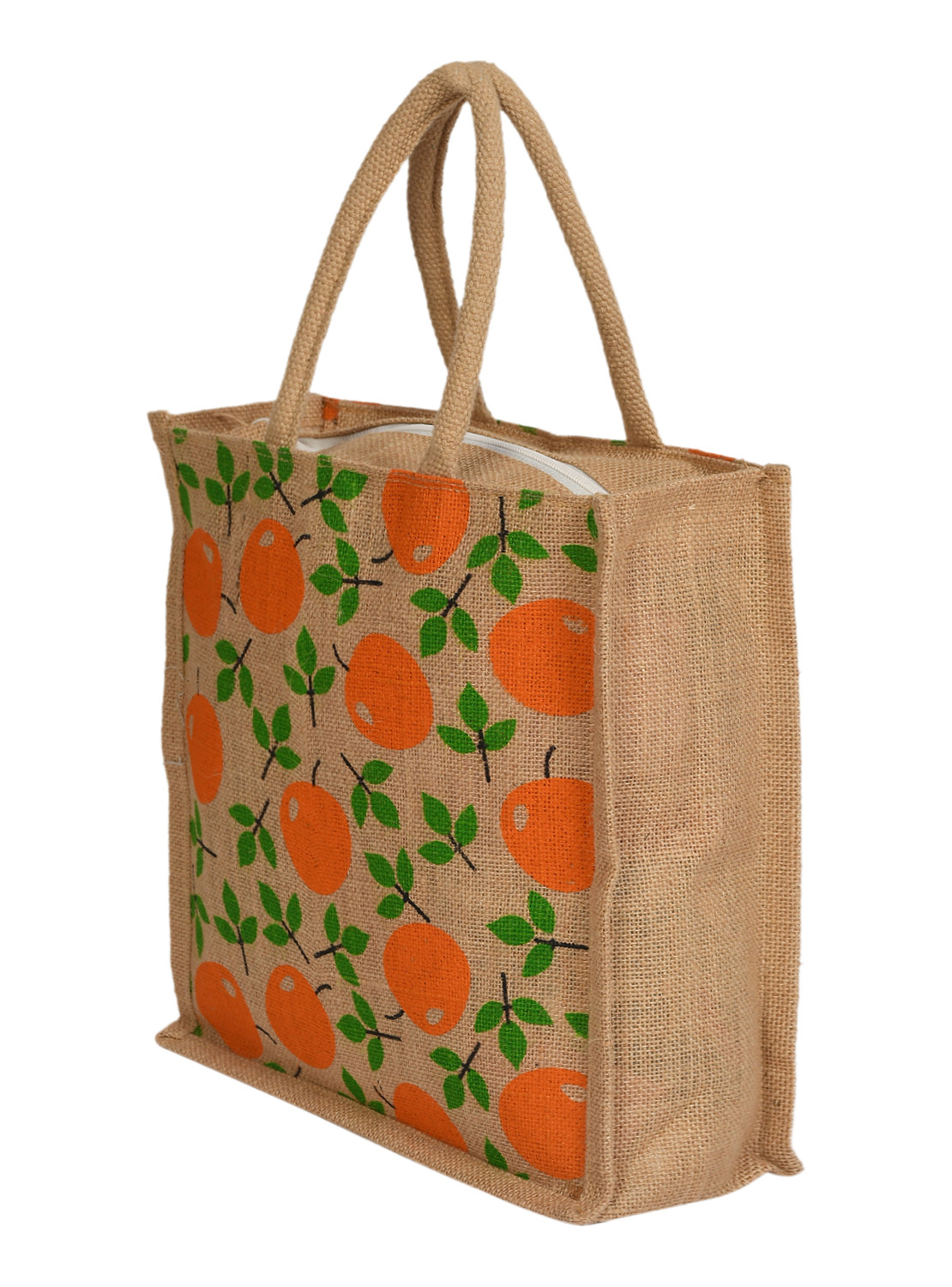Kuber Industries Fruits Print Jute Reusable Eco-Friendly Hand Bag/Grocery Bag For Man, Woman With Handle (Orange) 54KM4362