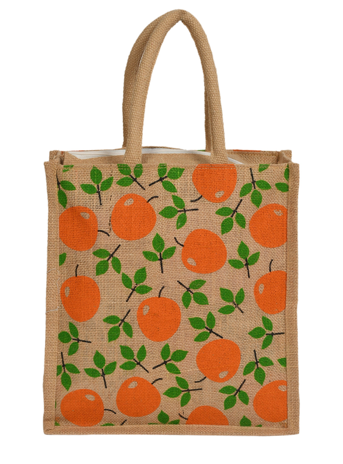Kuber Industries Fruits Print Jute Reusable Eco-Friendly Hand Bag/Grocery Bag For Man, Woman With Handle (Orange) 54KM4362