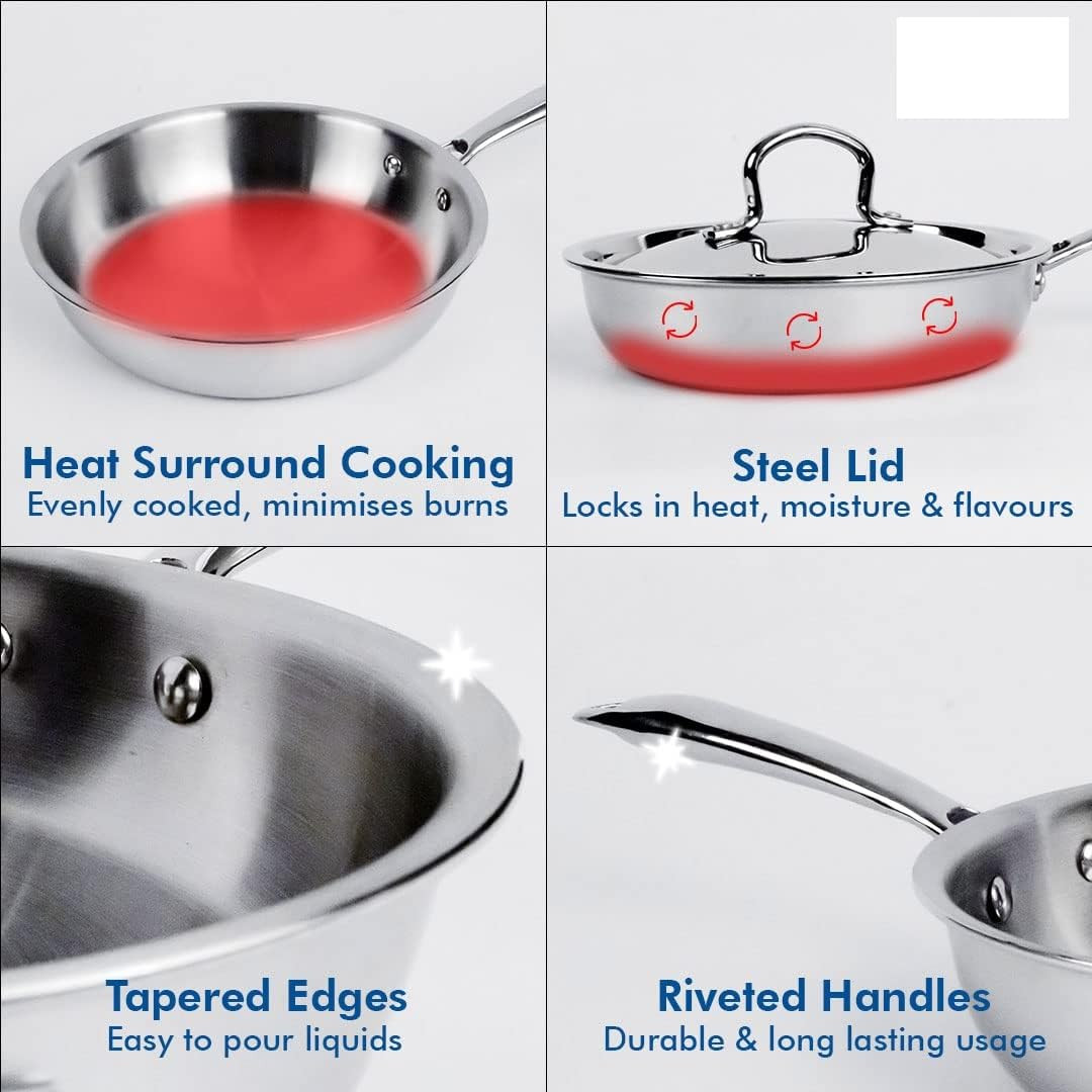 Kuber Industries Frypan | Tri-ply Kadhai with Lid | Induction Riveted Handle | Frying Pan for Kitchen | Non Stick Frypan | Heat Surround Cooking Frypan | 1.5 Ltr | Silver