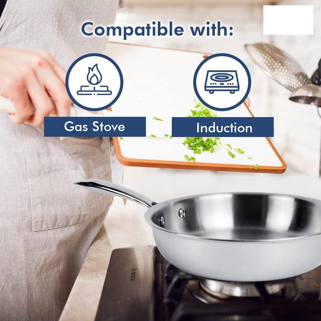 Kuber Industries Frypan | Tri-ply Kadhai with Lid | Induction Riveted Handle | Frying Pan for Kitchen | Non Stick Frypan | Heat Surround Cooking Frypan | 1.5 Ltr | Silver