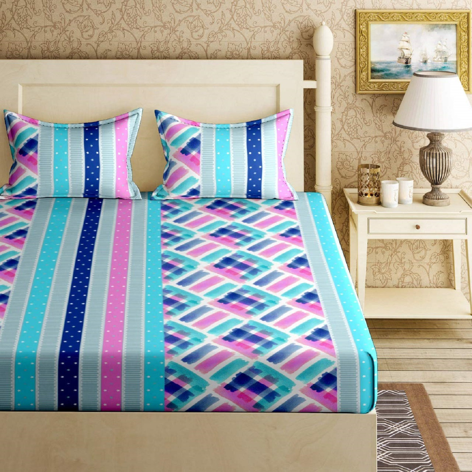 Kuber Industries Fuzzy Strings Print Cotton Double Bedsheet with 2 Pillow Covers (Multi)