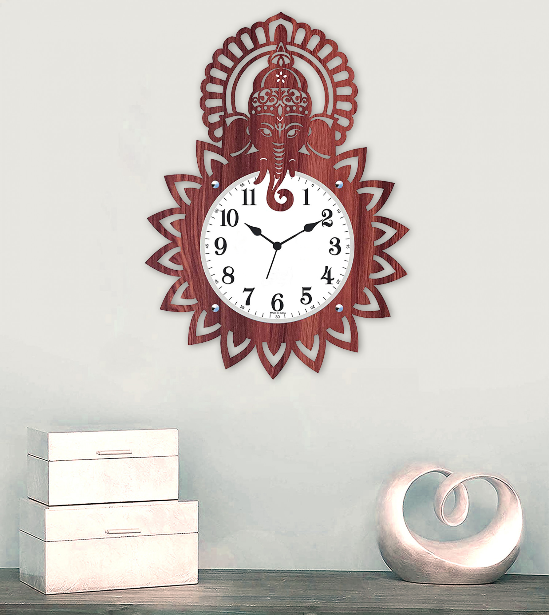 Kuber Industries Ganesh G Design Wooden Wall Clock (Dark Brown)-HS40KUBMART23949