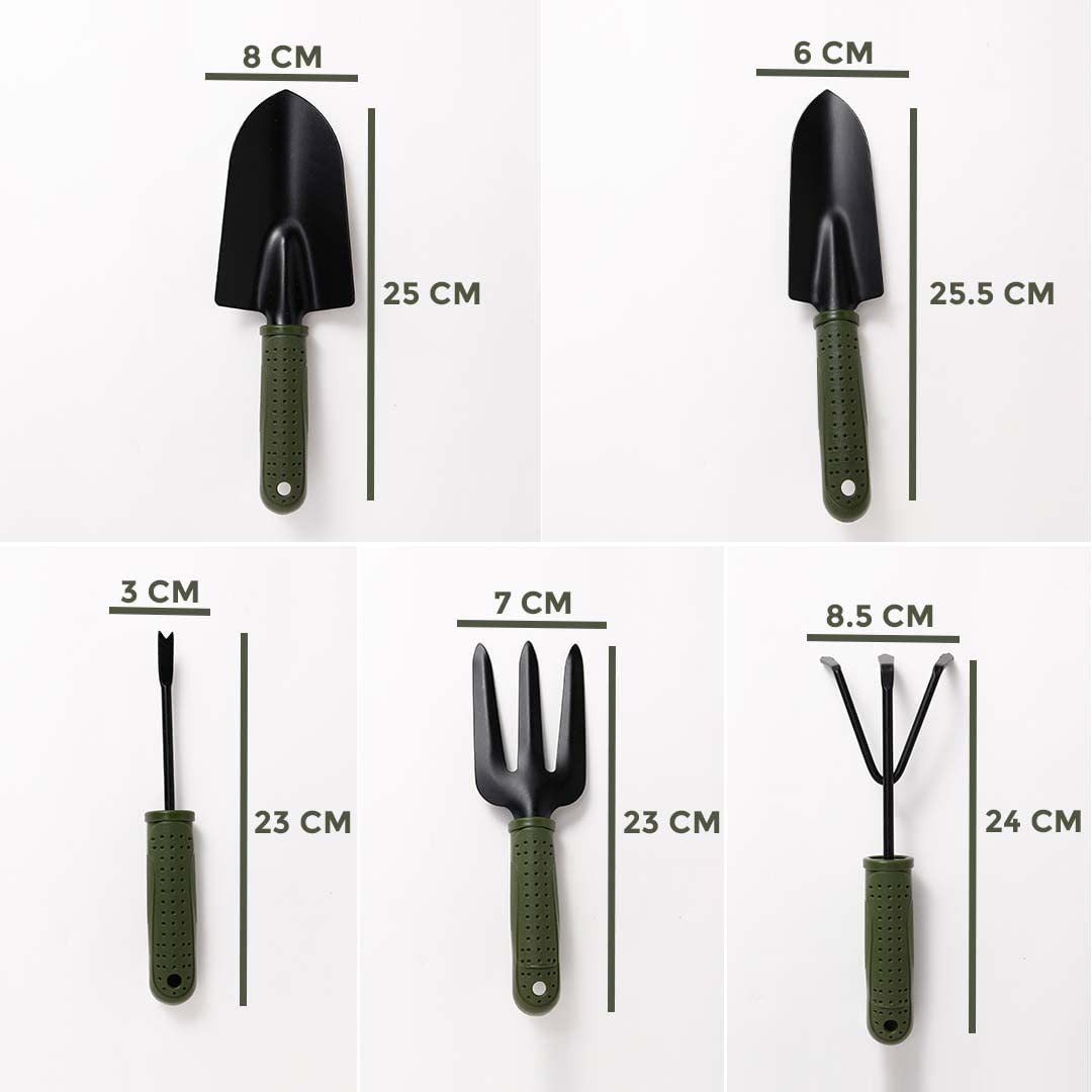 Kuber Industries Garden Tools Set | Small & Big Hand Trowels | Hand Cultivator | Hand Weeder & Fork Carbon Steel| Set of 5 | Green & Black Gardening Equipment | Ergonomic Design