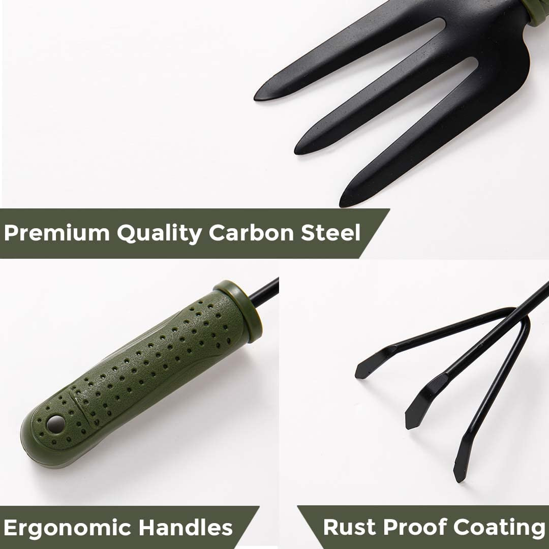 Kuber Industries Garden Tools Set | Small & Big Hand Trowels | Hand Cultivator | Hand Weeder & Fork Carbon Steel| Set of 5 | Green & Black Gardening Equipment | Ergonomic Design