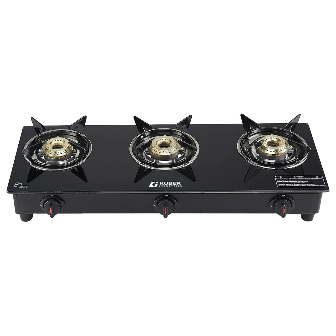 Kuber Industries Gas Stove 3 Burners | Highly Quality Glass Top, Manual Ignition & Cast Iron Burner | Easy to Clean, Wobble Free Pan Support Stand | Break Resistant | Compact & User-Friendly Design