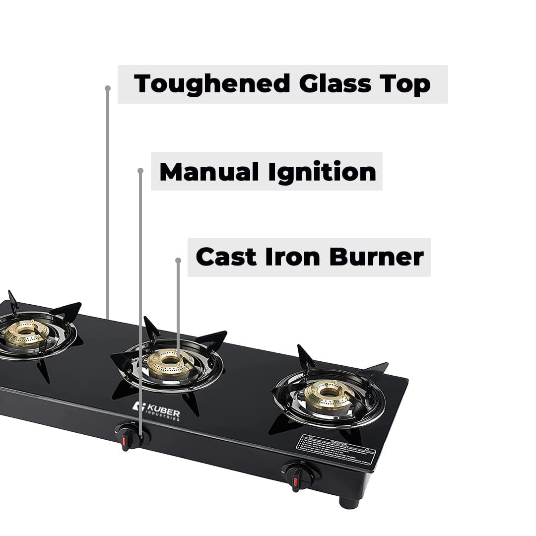 Kuber Industries Gas Stove 3 Burners | Highly Quality Glass Top, Manual Ignition & Cast Iron Burner | Easy to Clean, Wobble Free Pan Support Stand | Break Resistant | Compact & User-Friendly Design