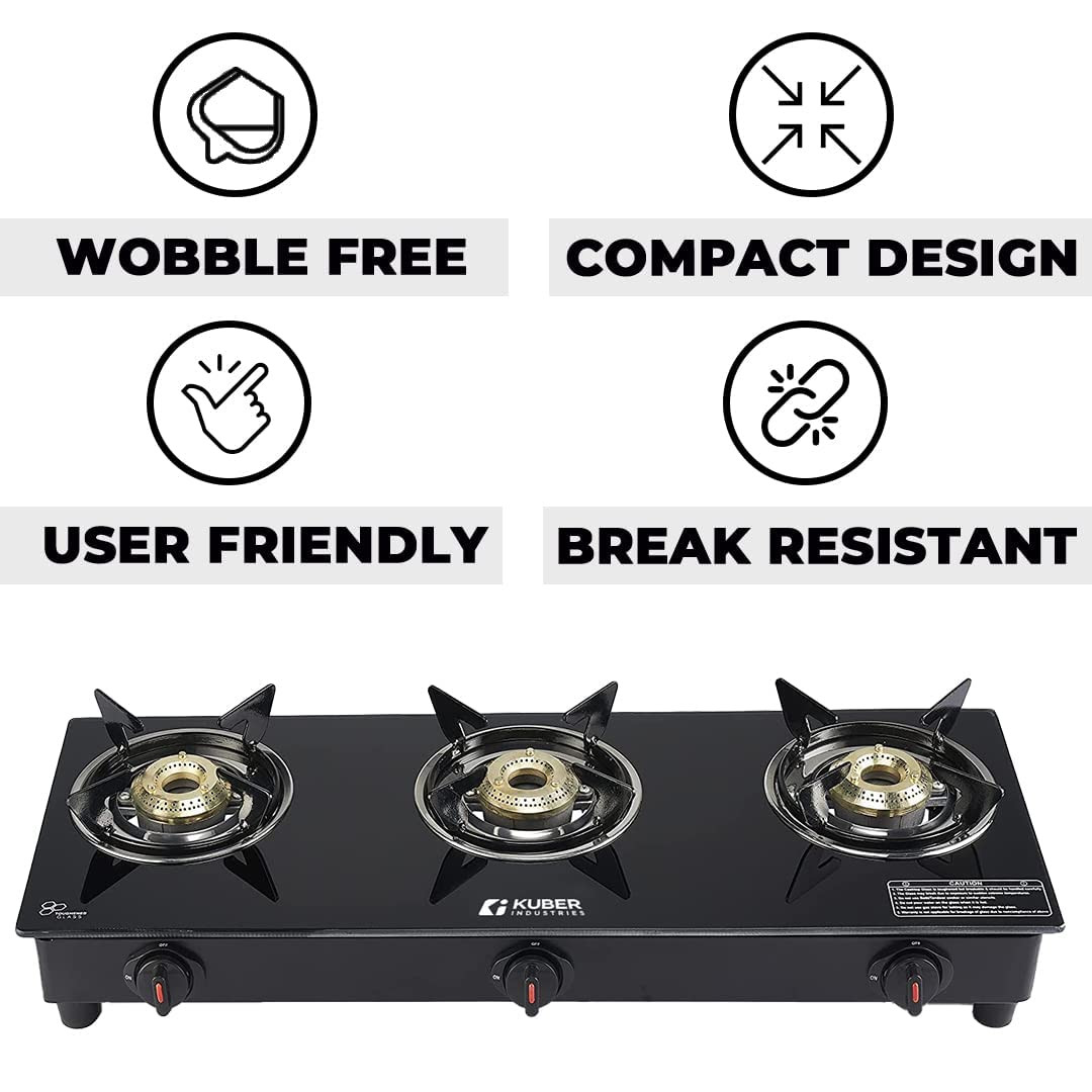 Kuber Industries Gas Stove 3 Burners | Highly Quality Glass Top, Manual Ignition & Cast Iron Burner | Easy to Clean, Wobble Free Pan Support Stand | Break Resistant | Compact & User-Friendly Design