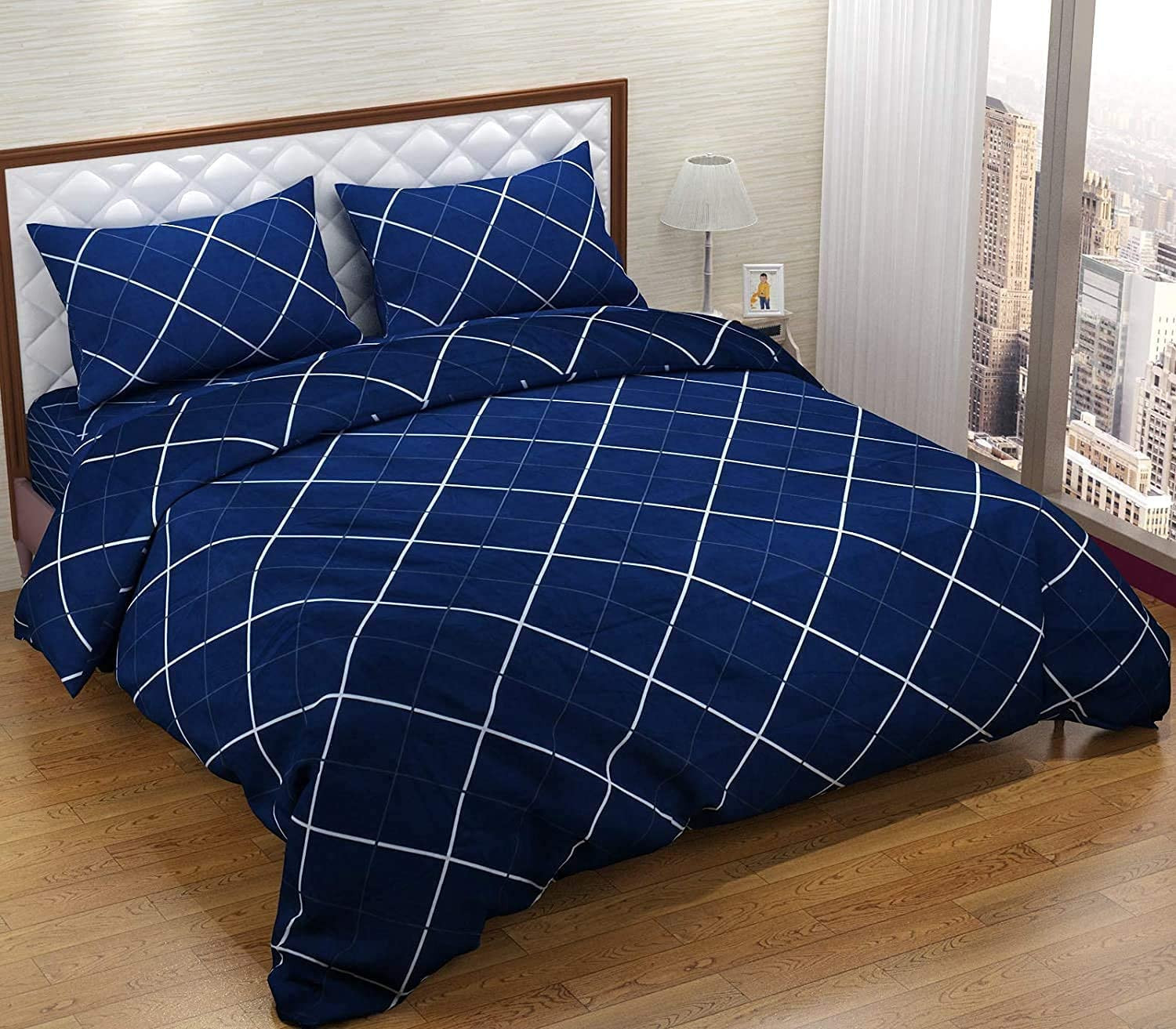 Kuber Industries Geomatric Design Glace Cotton Double Bedsheet with 2 Pillow Covers (Blue)