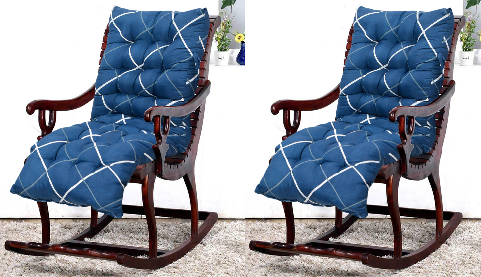 Kuber Industries Geomatric Printed Microfiber Back & Seat Cushion for Indoor/Outdoor Patio Chair, Rocking Chair, Office Chair, Reclining chairs With Ties, 18*46 Inch (Blue)