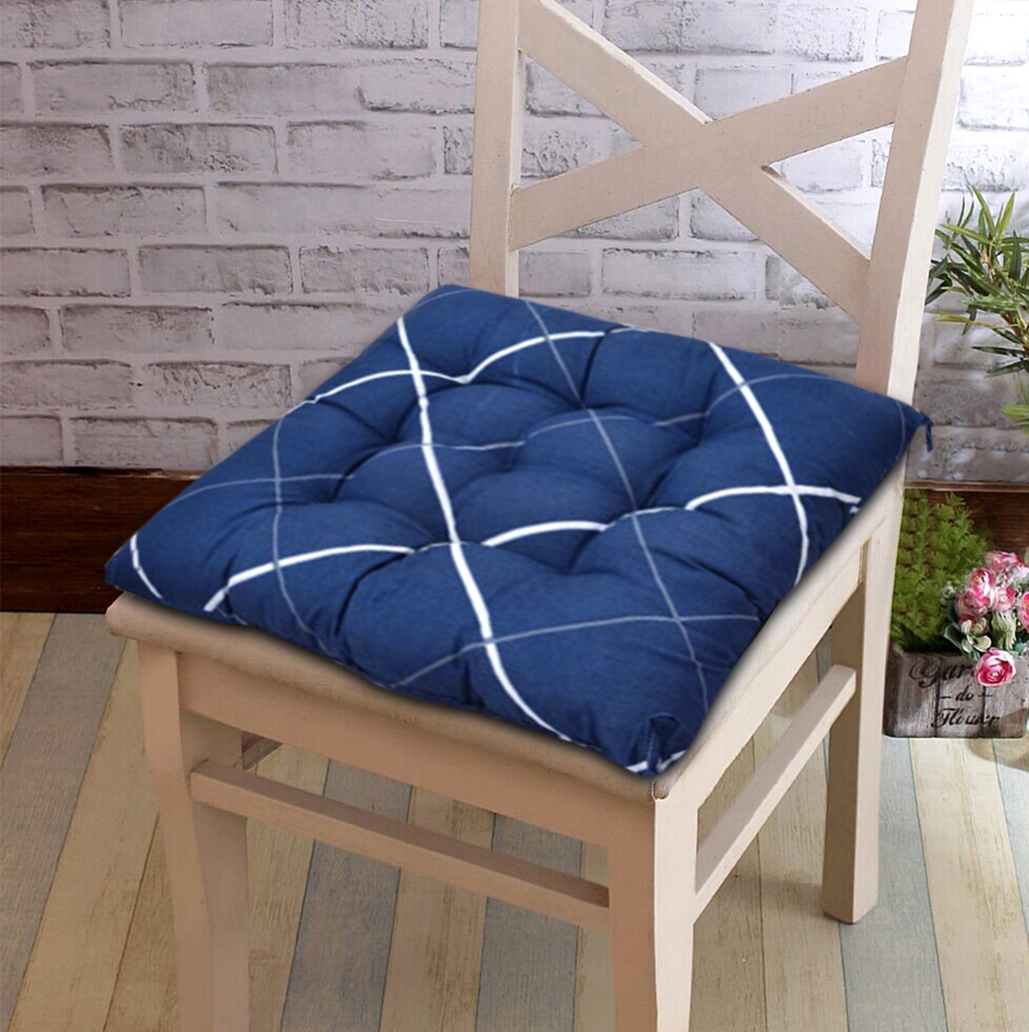 Kuber Industries Geomatric Printed Microfiber Square Chair Pad Seat Cushion For Rocking chair, Office chair, Dinning chair, Indoor/Outdoor With Ties, 18*18 Inch (Blue)