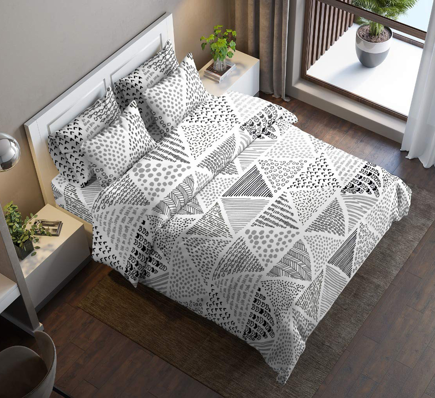 Kuber Industries Geometric Print Cotton Double Bedsheet with 2 Pillow Covers (White)