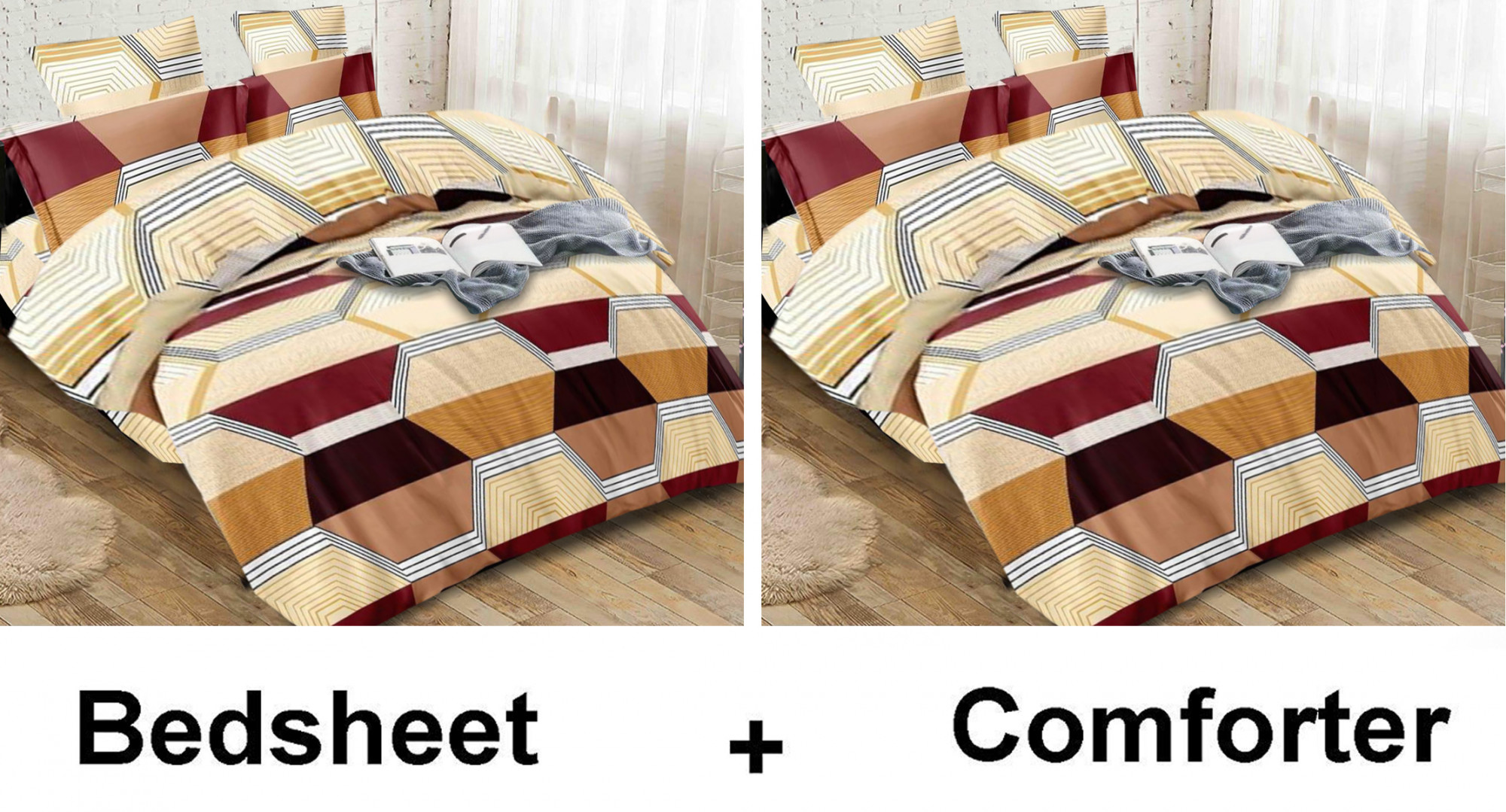 Kuber Industries Geometric Print Glace Cotton AC Comforter King Size Bed Comforter, Double Bed Sheet, 2 Pillow Cover (Cream & Brown, 90x100 Inches)-Set of 4 Pieces