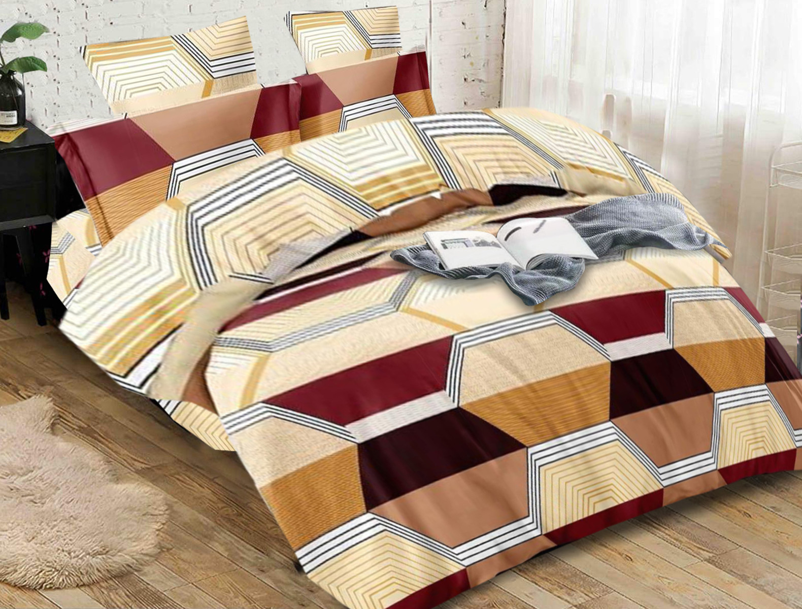 Kuber Industries Geometric Print Glace Cotton AC Comforter King Size Bed Comforter, Double Bed Sheet, 2 Pillow Cover (Cream & Brown, 90x100 Inches)-Set of 4 Pieces