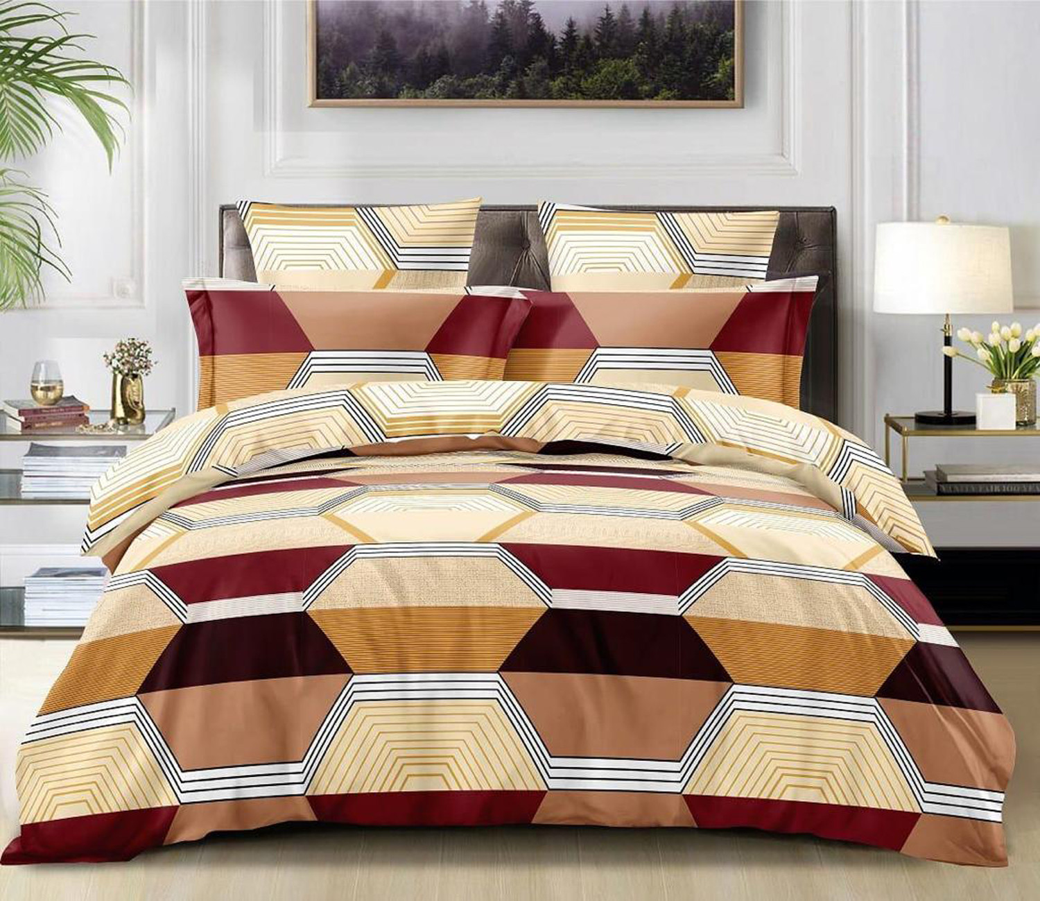 Kuber Industries Geometric Print Glace Cotton Double Bedsheet with 2 Pillow Covers (Cream & Brown)