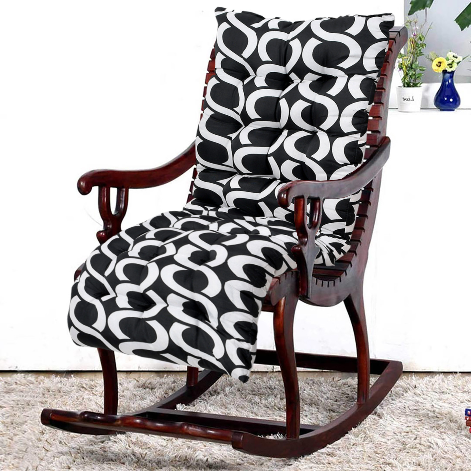 Kuber Industries Geometric Seamless Pattern Microfiber Back & Seat Cushion for Indoor/Outdoor Patio Chair, Rocking Chair, Office Chair, Reclining chairs With Ties, 18*46 Inch (Black)