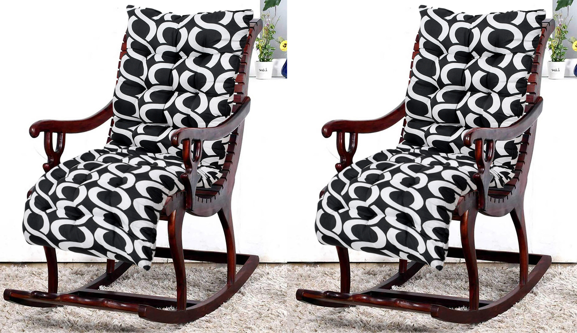Kuber Industries Geometric Seamless Pattern Microfiber Back & Seat Cushion for Indoor/Outdoor Patio Chair, Rocking Chair, Office Chair, Reclining chairs With Ties, 18*46 Inch (Black)