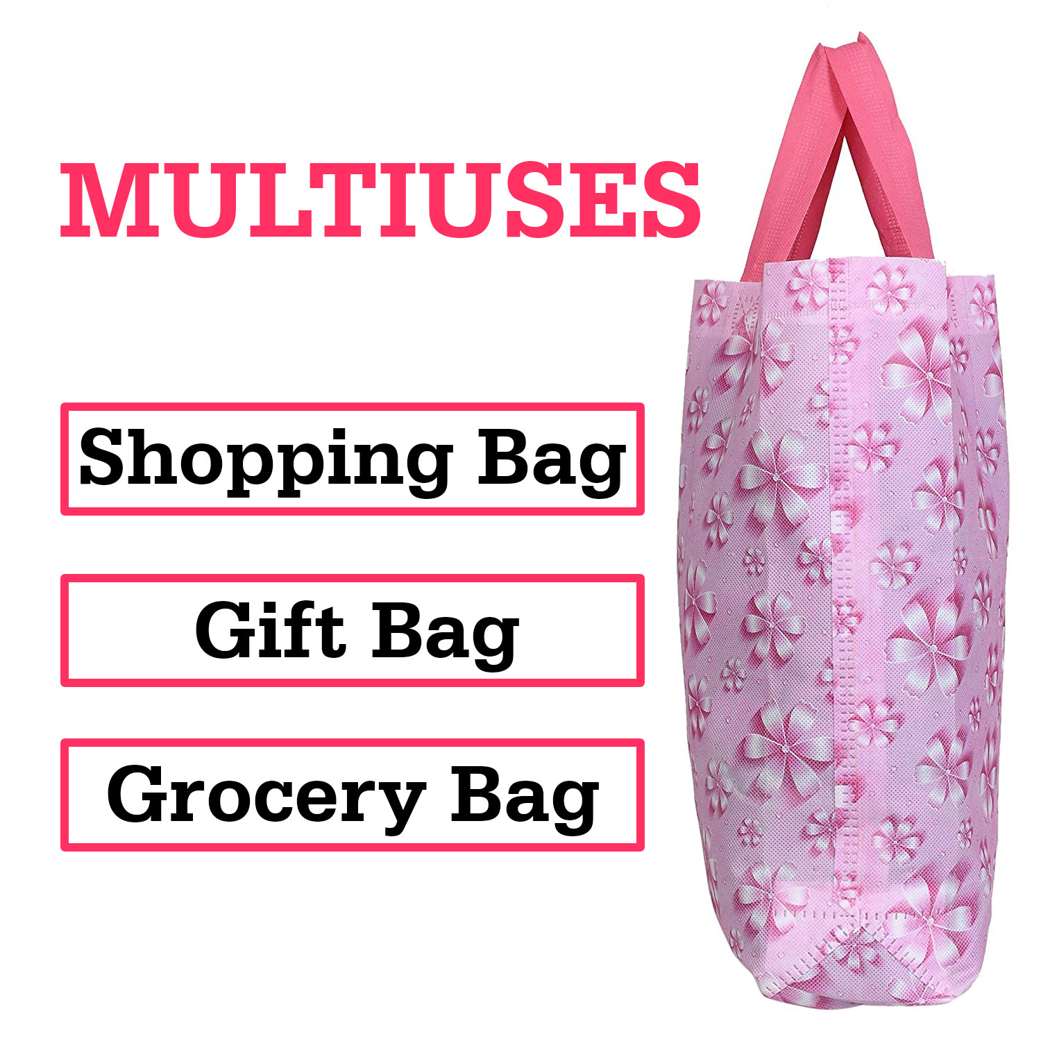 Kuber Industries Gift Bag|Non Woven Shopping Bag With Handle|Flower Pattern Reusable Grocery Stylish Handbag|Large(Pink)