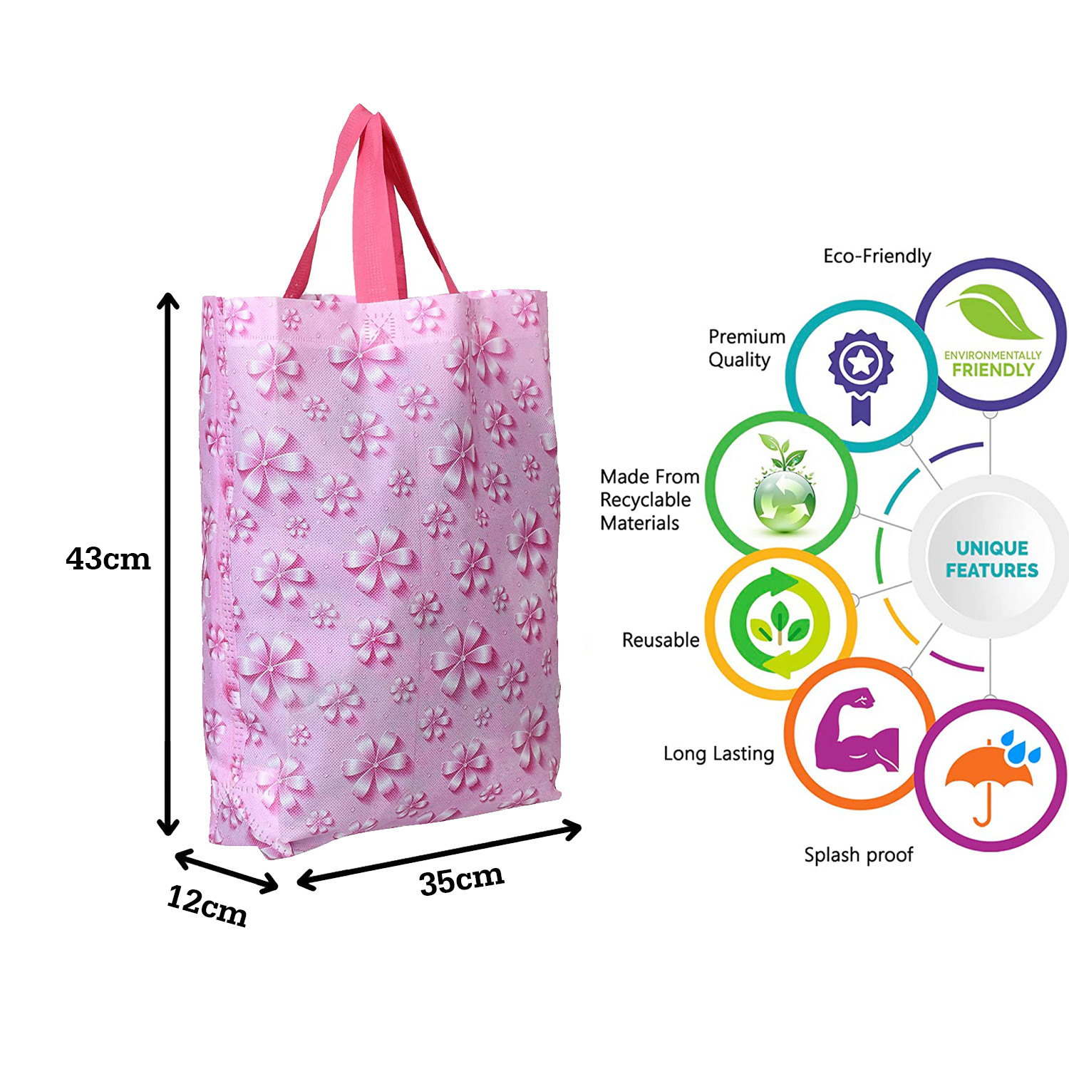 Kuber Industries Gift Bag|Non Woven Shopping Bag With Handle|Flower Pattern Reusable Grocery Stylish Handbag|Large(Pink)
