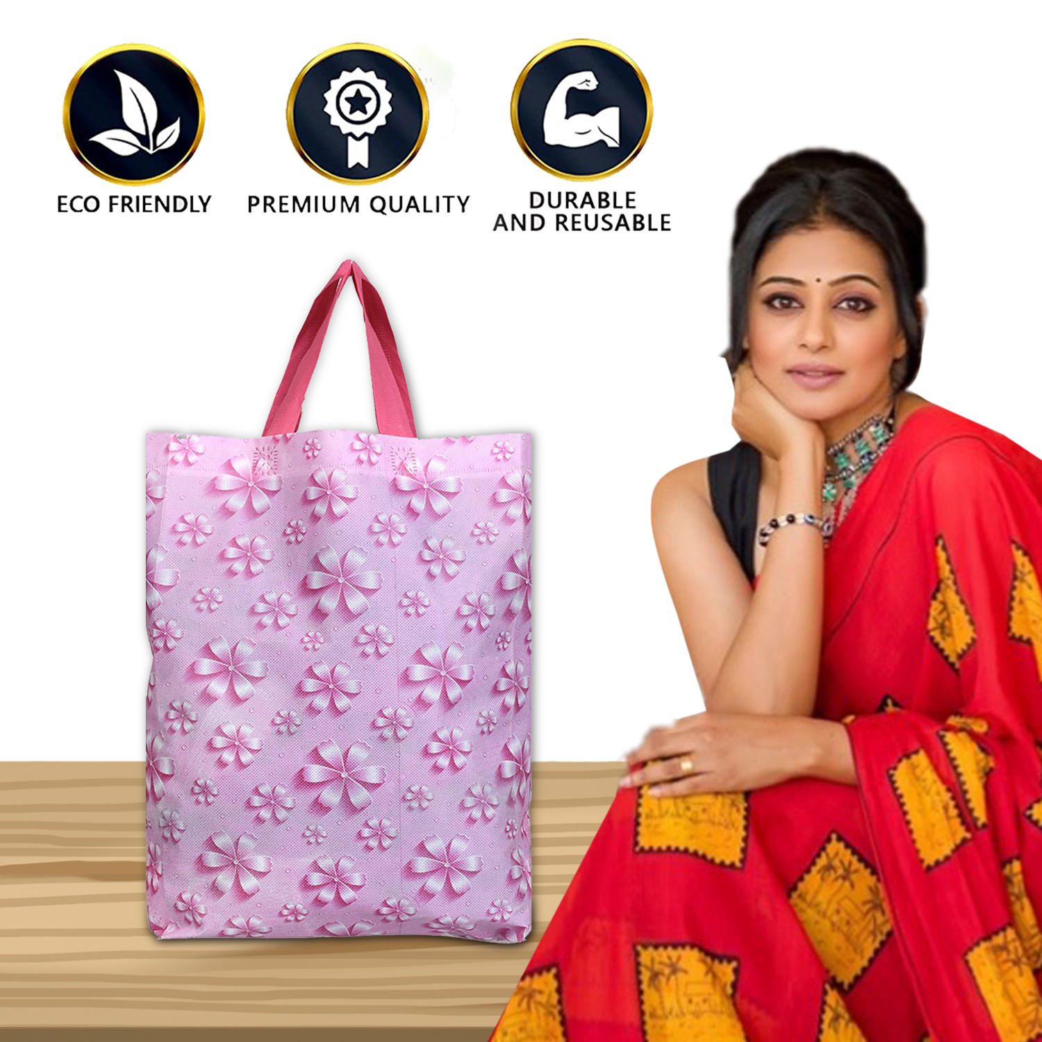 Kuber Industries Gift Bag|Non Woven Shopping Bag With Handle|Flower Pattern Reusable Grocery Stylish Handbag|Large(Pink)