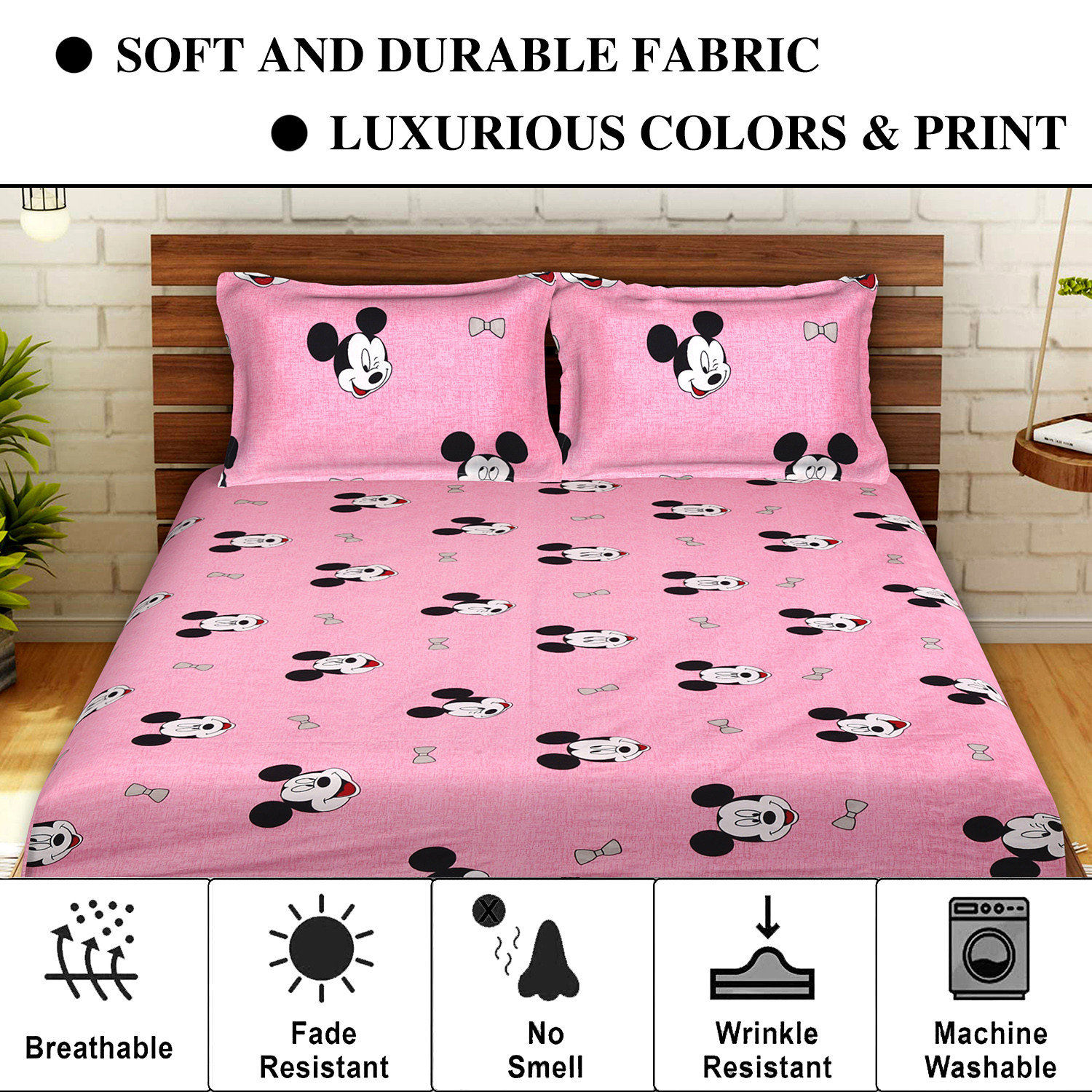 Kuber Industries Glace Cotton Disney Mickey Mouse Face Printed Double Bedsheet With 2 Pillow Covers,90x100,(Pink)