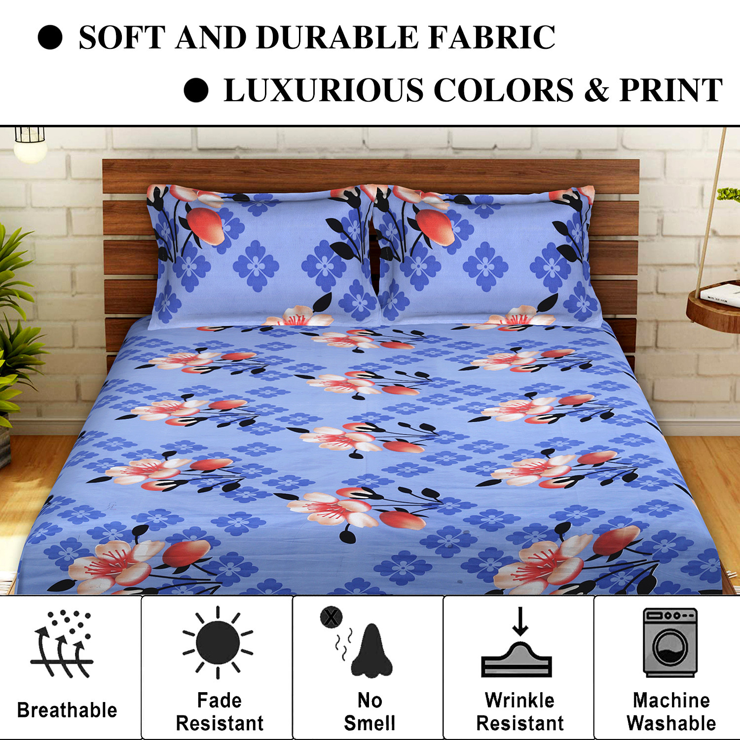 Kuber Industries Glace Cotton Floral Print Double Bedsheet With 2 Pillow Covers,90x108,(Light Blue)