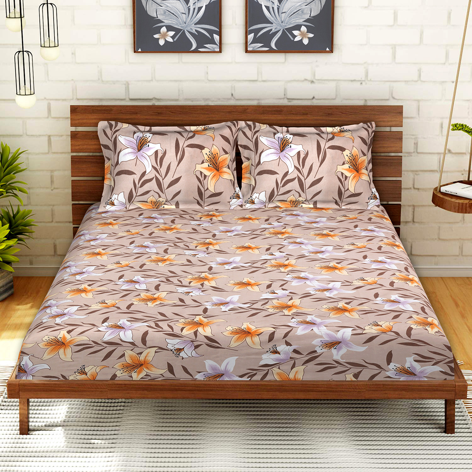 Kuber Industries Glace Cotton Flower Print Double Bedsheet With 2 Pillow Covers,90x108,(Light Brown)