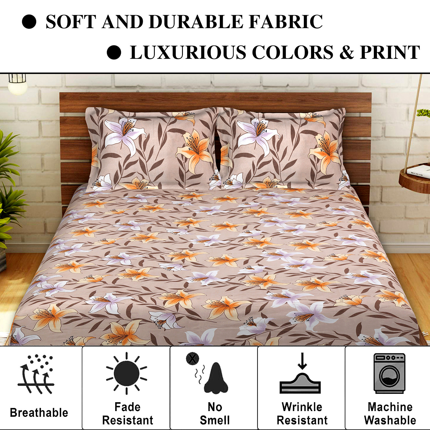 Kuber Industries Glace Cotton Flower Print Double Bedsheet With 2 Pillow Covers,90x108,(Light Brown)