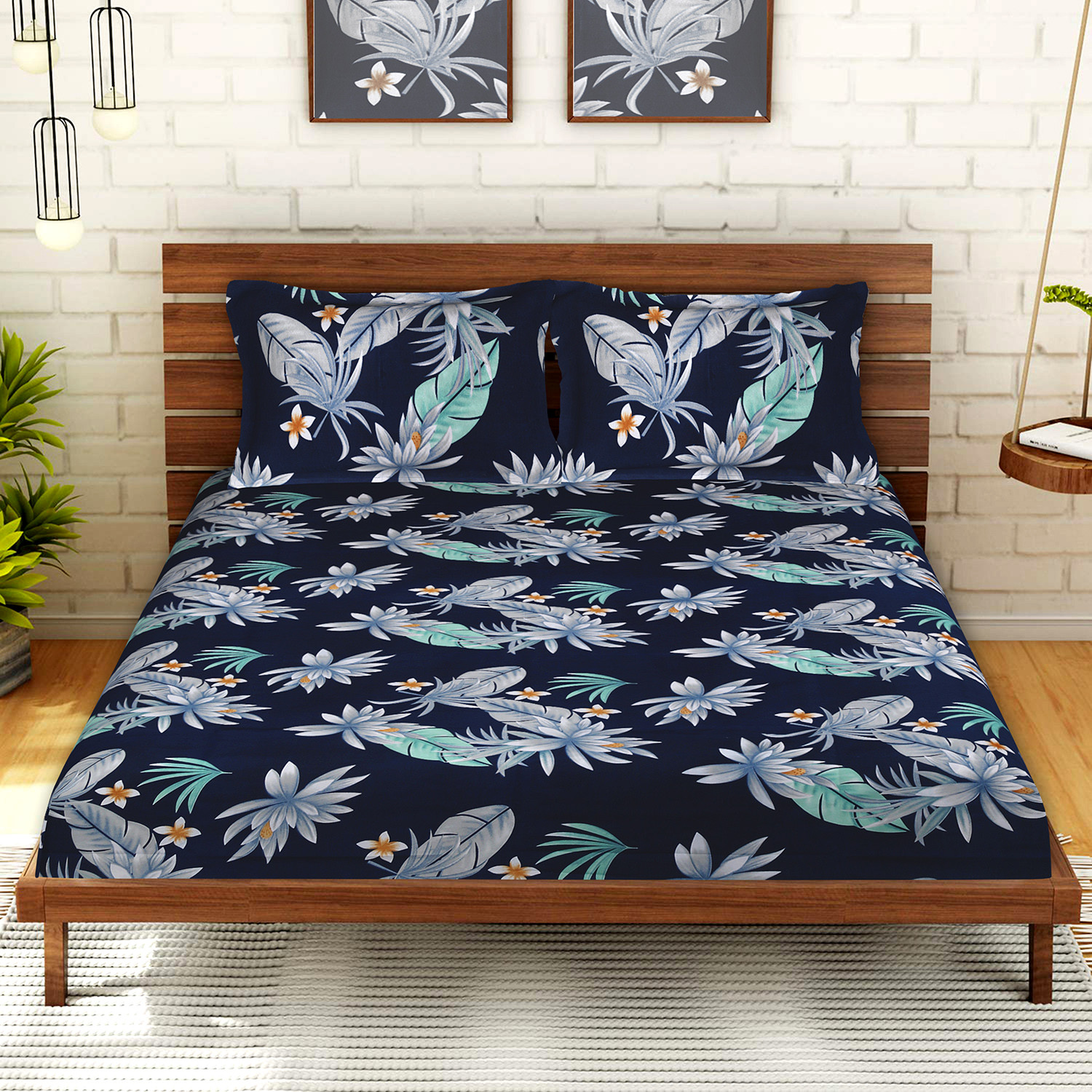 Kuber Industries Glace Cotton Leaf Print Double Bedsheet With 2 Pillow Covers,90x100,(Navy Blue)