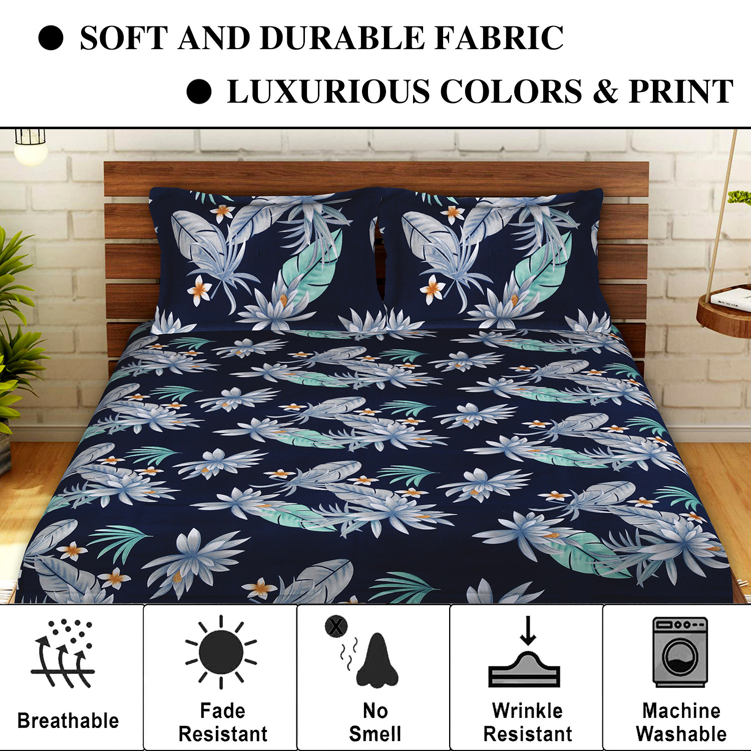 Kuber Industries Glace Cotton Leaf Print Double Bedsheet With 2 Pillow Covers,90x100,(Navy Blue)