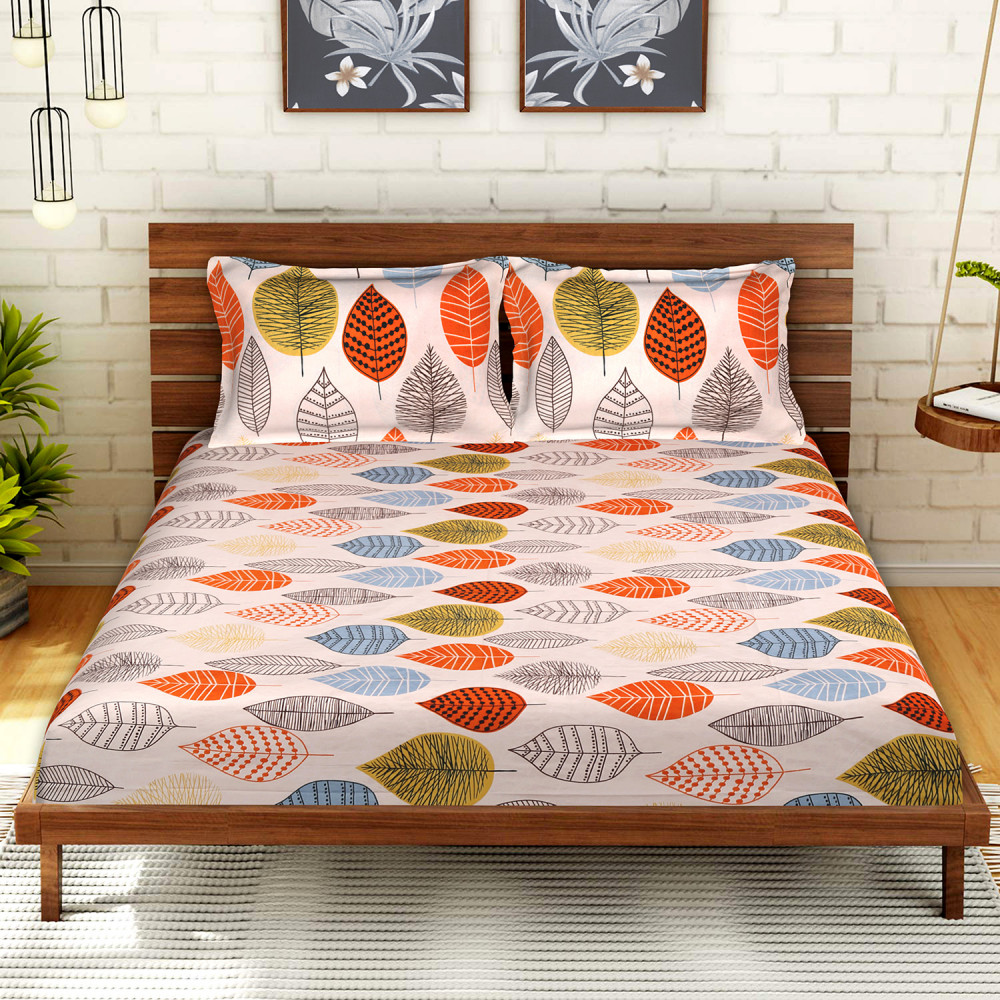 Kuber Industries Glace Cotton Lightweight Leaf Print Double Bedsheet With 2 Pillow Covers,90x100,(Peach)