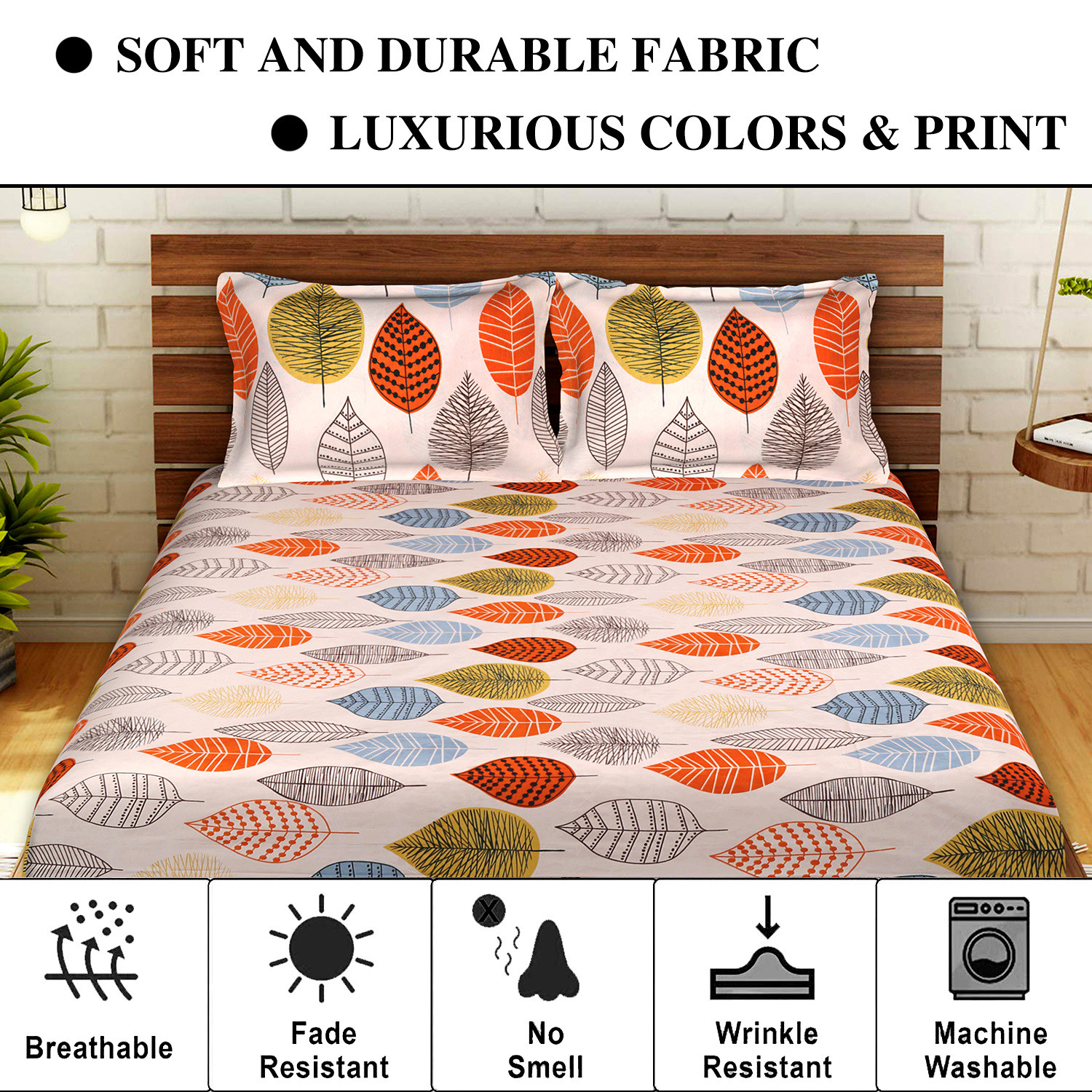 Kuber Industries Glace Cotton Lightweight Leaf Print Double Bedsheet With 2 Pillow Covers,90x100,(Peach)