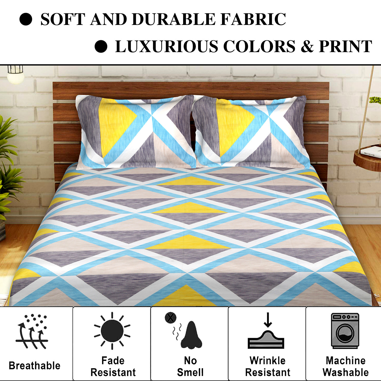 Kuber Industries Glace Cotton Triangle Design Double Bedsheet With 2 Pillow Covers,90x100,(Multicolor)