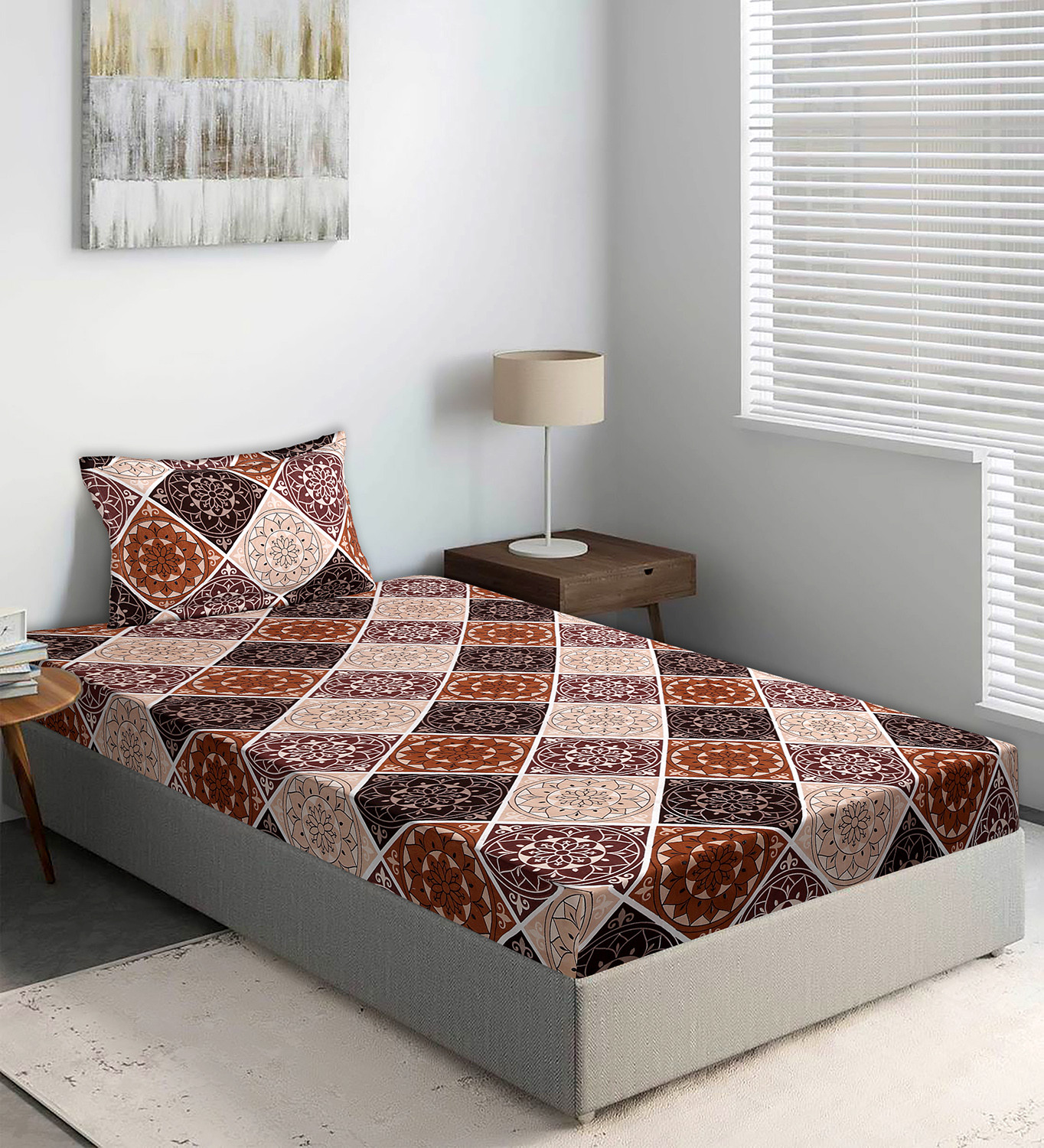 Kuber Industries Glance Cotton Rangoli Pattern Single Bedsheet With 1 Pillow Cover,90x60, (Brown)
