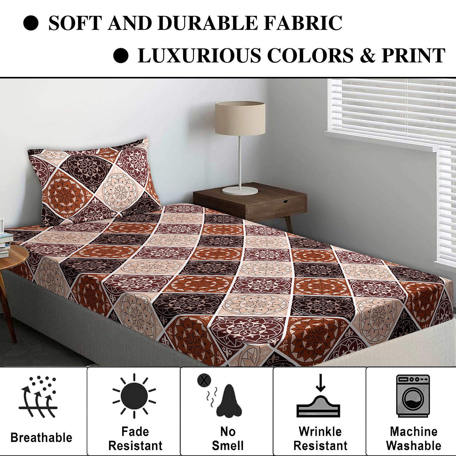 Kuber Industries Glance Cotton Rangoli Pattern Single Bedsheet With 1 Pillow Cover,90x60, (Brown)